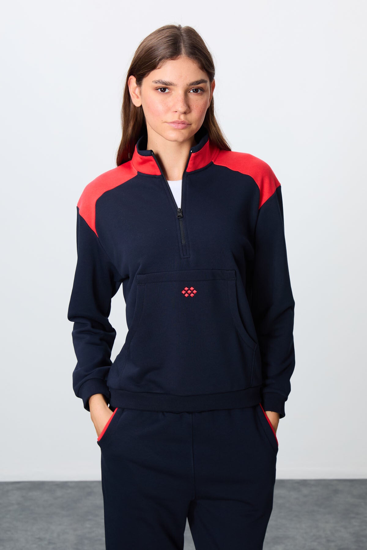 Image of Indigo Compact Cotton Thick Smooth Textured High Neck Oversize Fit Women's Tracksuit Set - 95342
