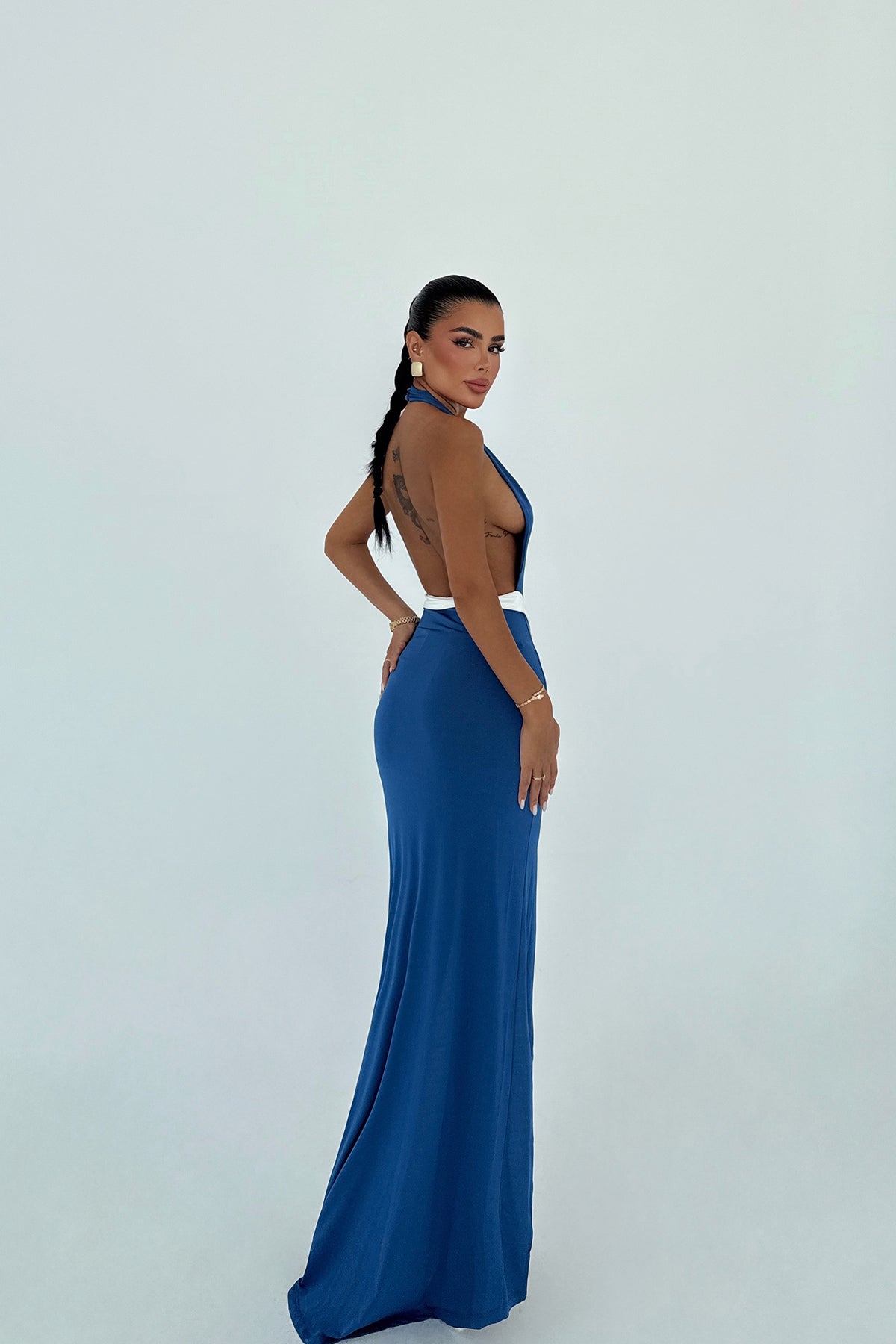 Image of İndigo  Giselle Fiyonk Detaylı Yırtmaçlı Elbise ATE-3020