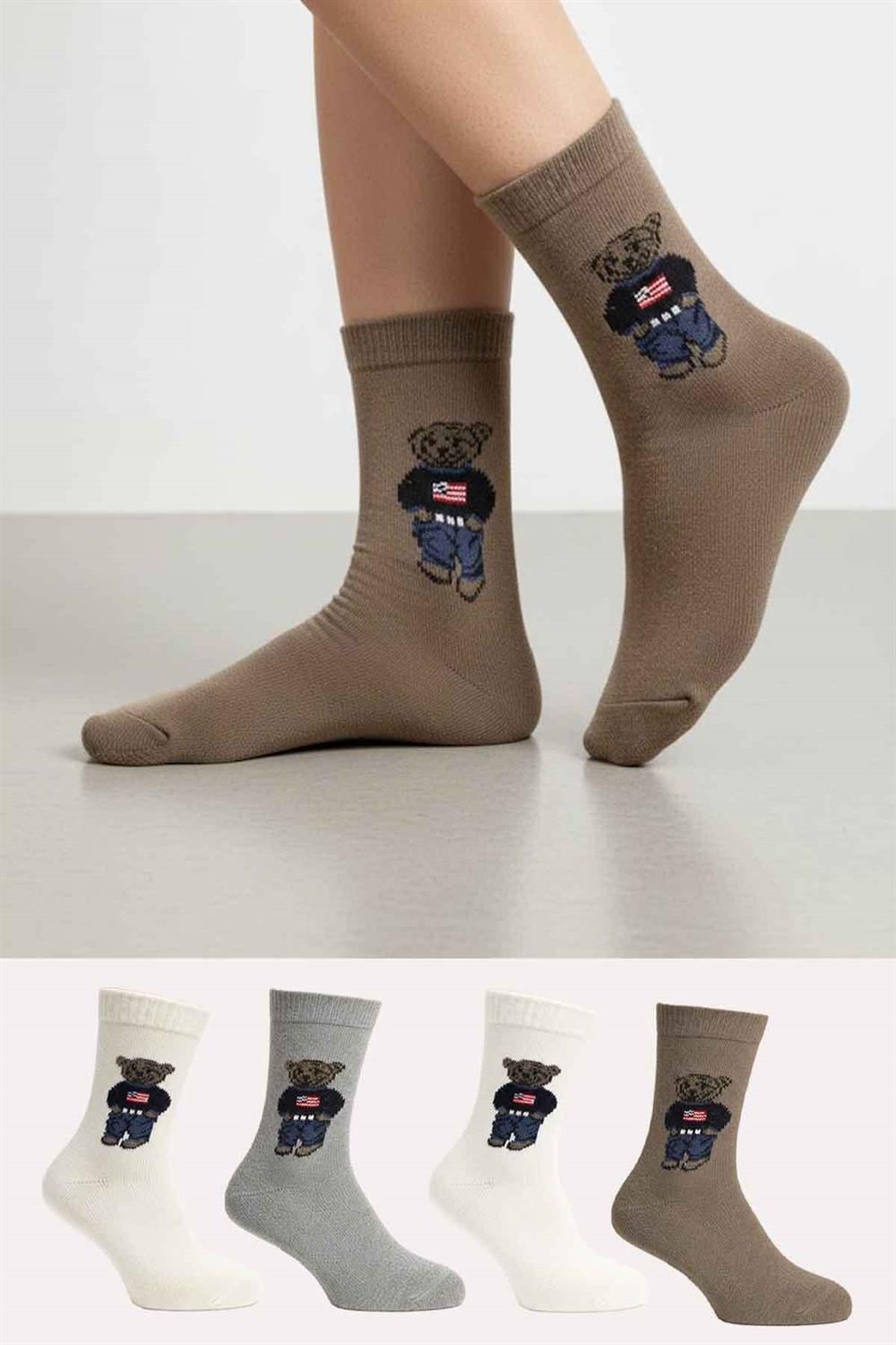 Image of Kadın Alpaka Yün Kışlık Havlu Kalın Soket Ayıçık Desenli Çorap 4'Lü Paket