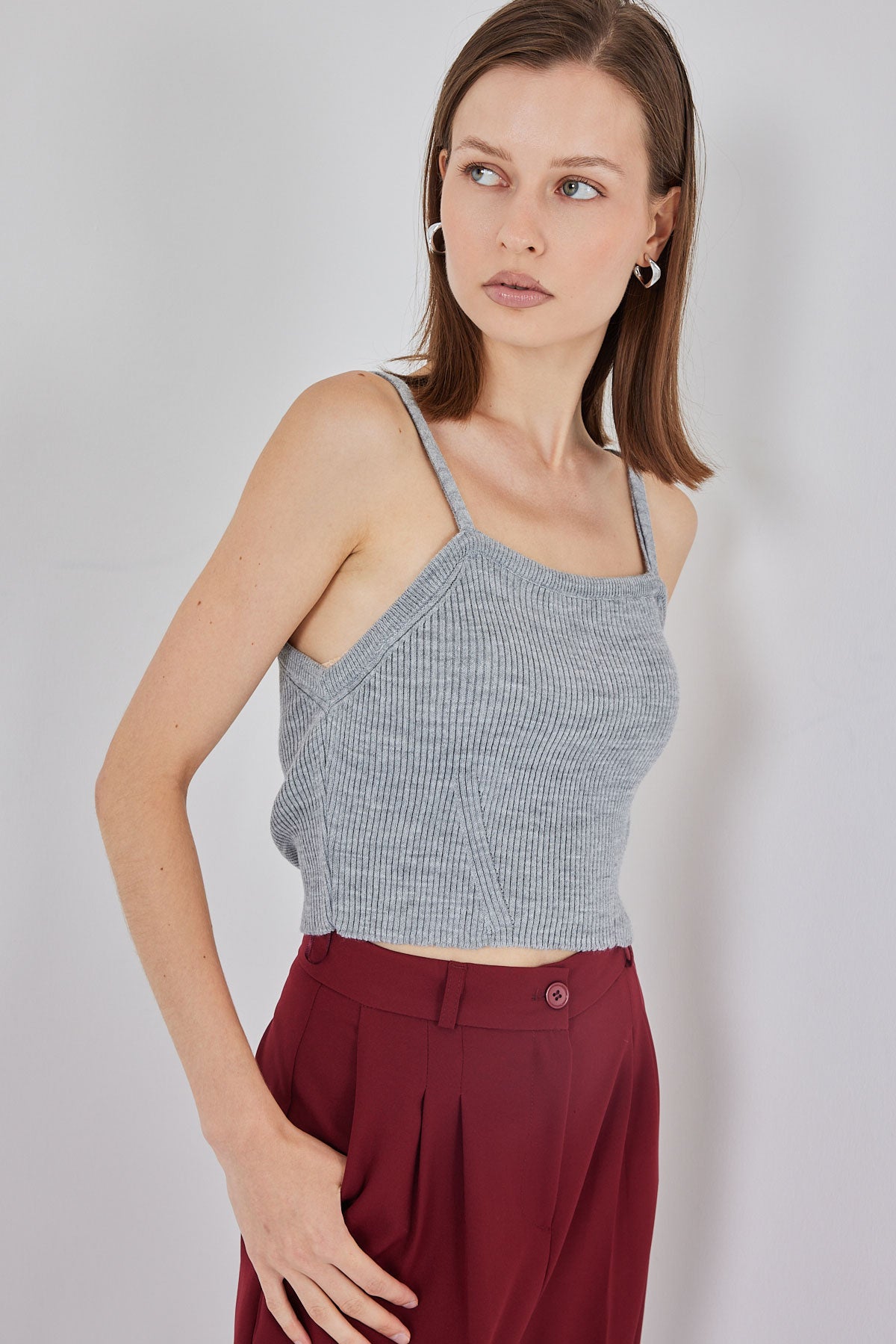 Image of Kadın Askılı Crop Top Bluz 15934 - Gri