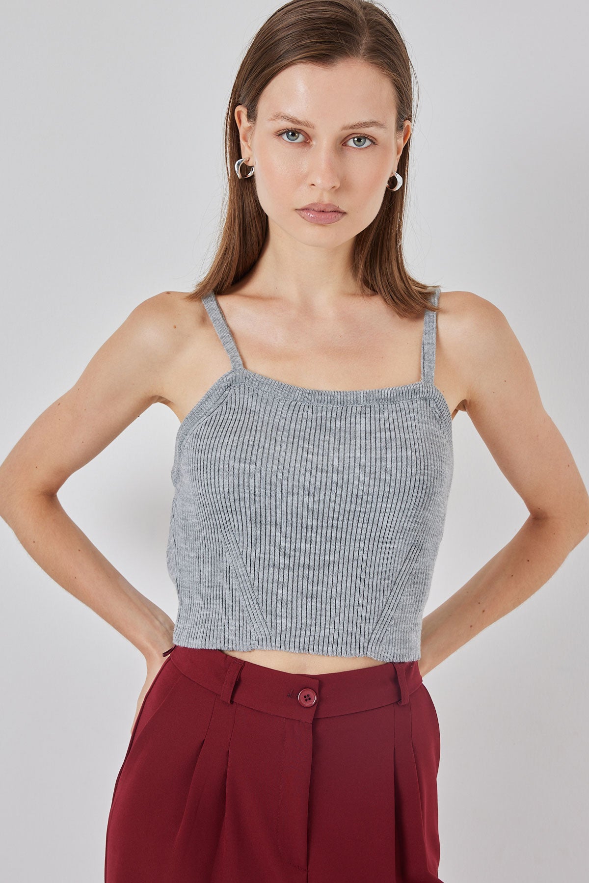 Image of Kadın Askılı Crop Top Bluz 15934 - Gri