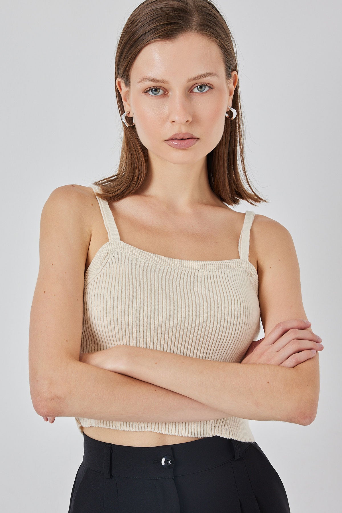 Image of Kadın Askılı Crop Top Bluz 15934 - Krem