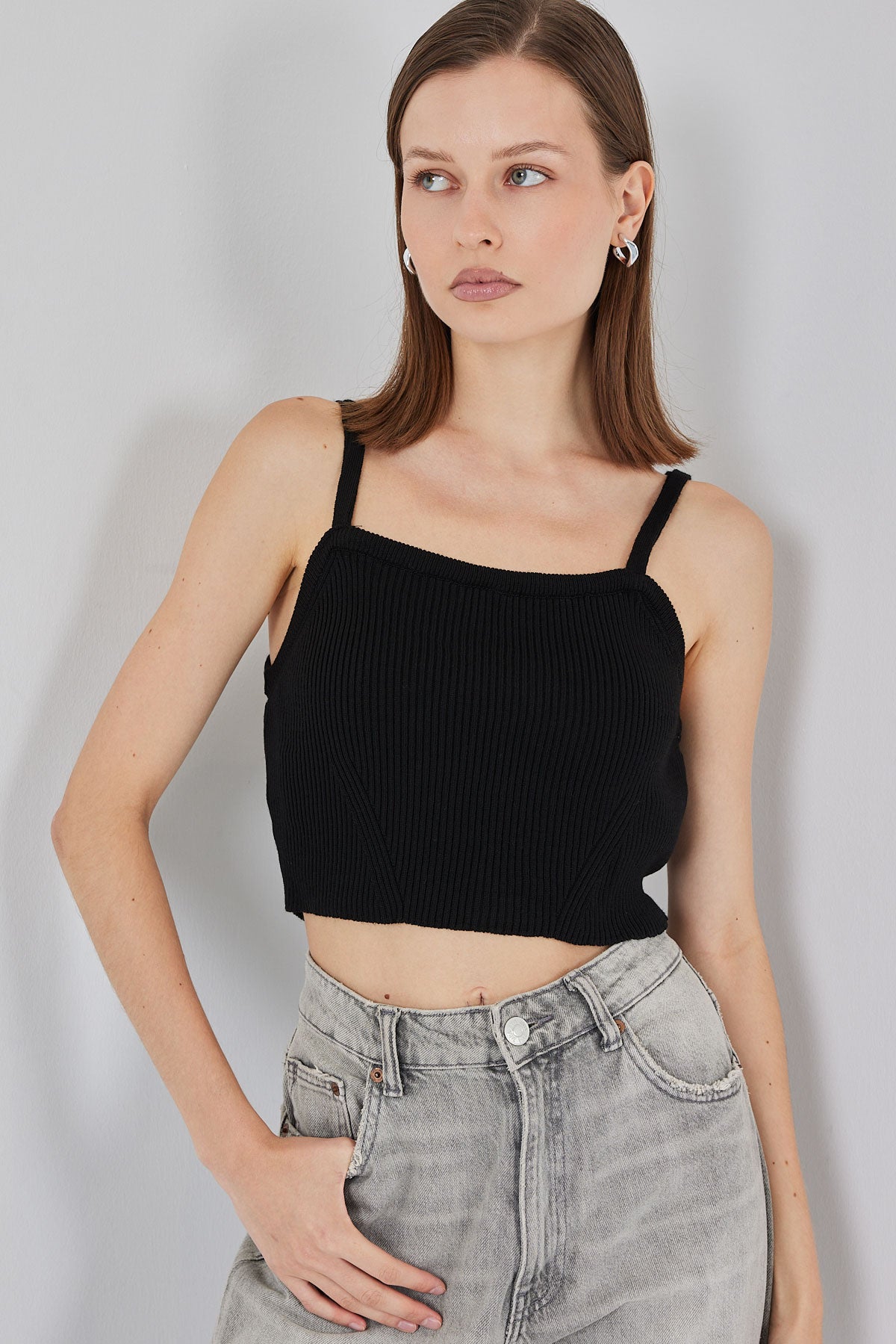 Image of Kadın Askılı Crop Top Bluz 15934 - Siyah
