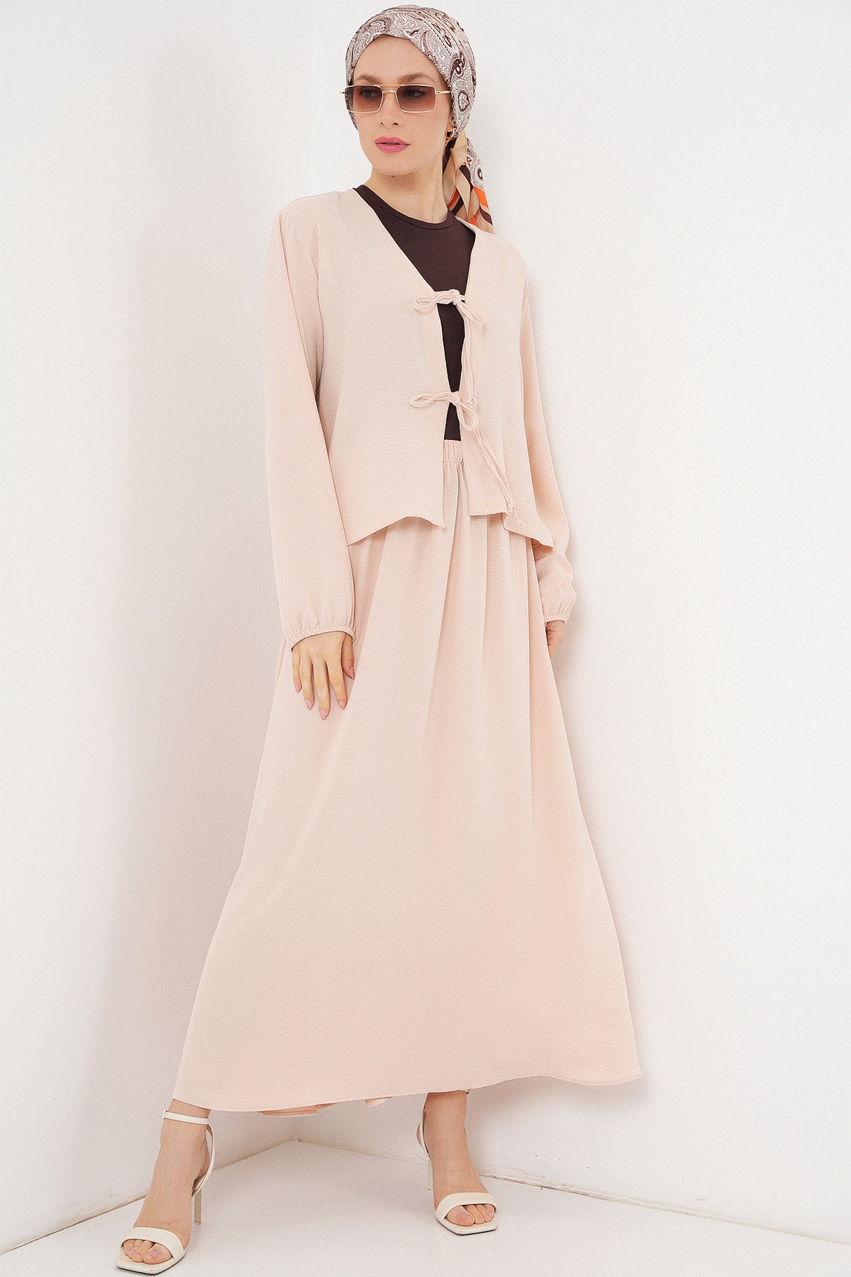 Image of Kadın Ayrobin Kimono Etek İkili Takım 8047 - Krem