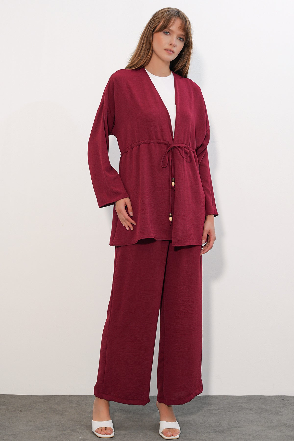 Image of Kadın Ayrobin Kimono Pantolon İkili Takım 30101 - Bordo