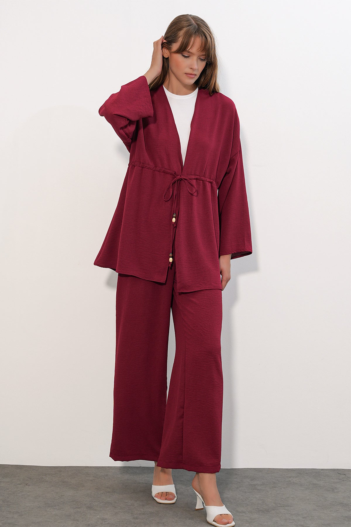 Image of Kadın Ayrobin Kimono Pantolon İkili Takım 30101 - Bordo