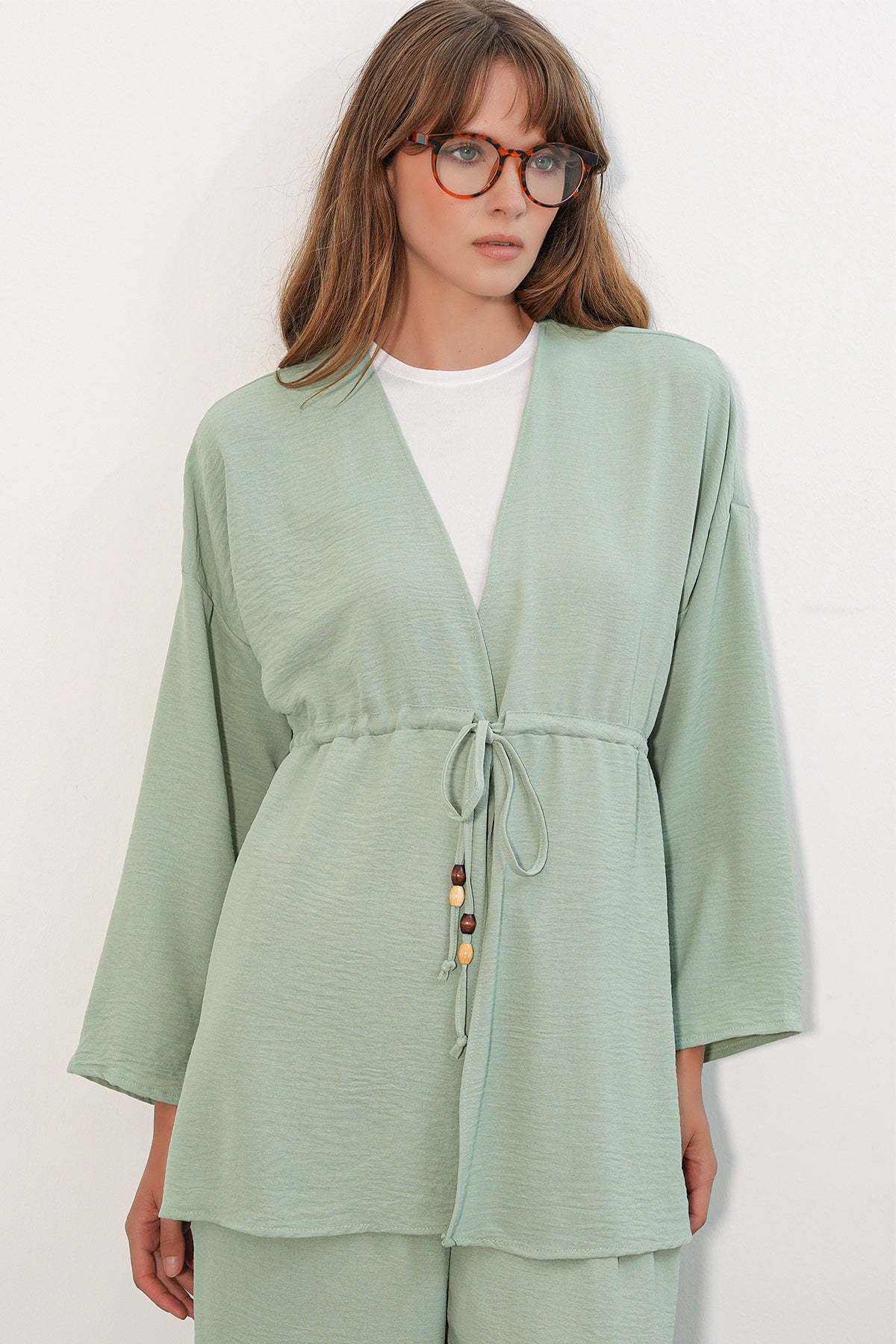 Image of Kadın Ayrobin Kimono Pantolon İkili Takım 30101 - E.Yeşil