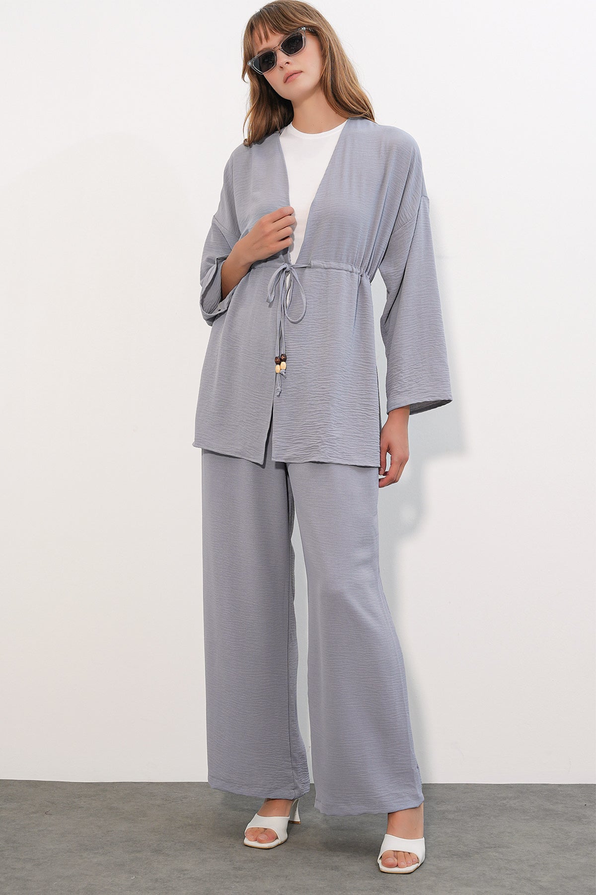 Image of Kadın Ayrobin Kimono Pantolon İkili Takım 30101 - Gri