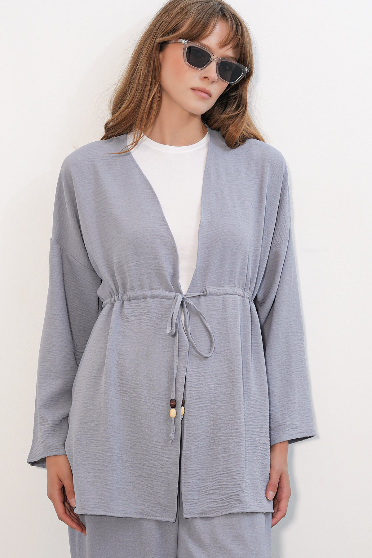 Image of Kadın Ayrobin Kimono Pantolon İkili Takım 30101 - Gri