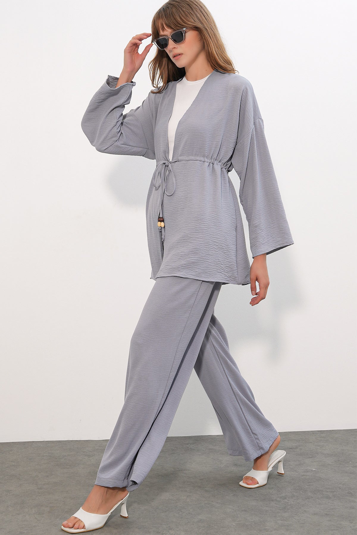 Image of Kadın Ayrobin Kimono Pantolon İkili Takım 30101 - Gri