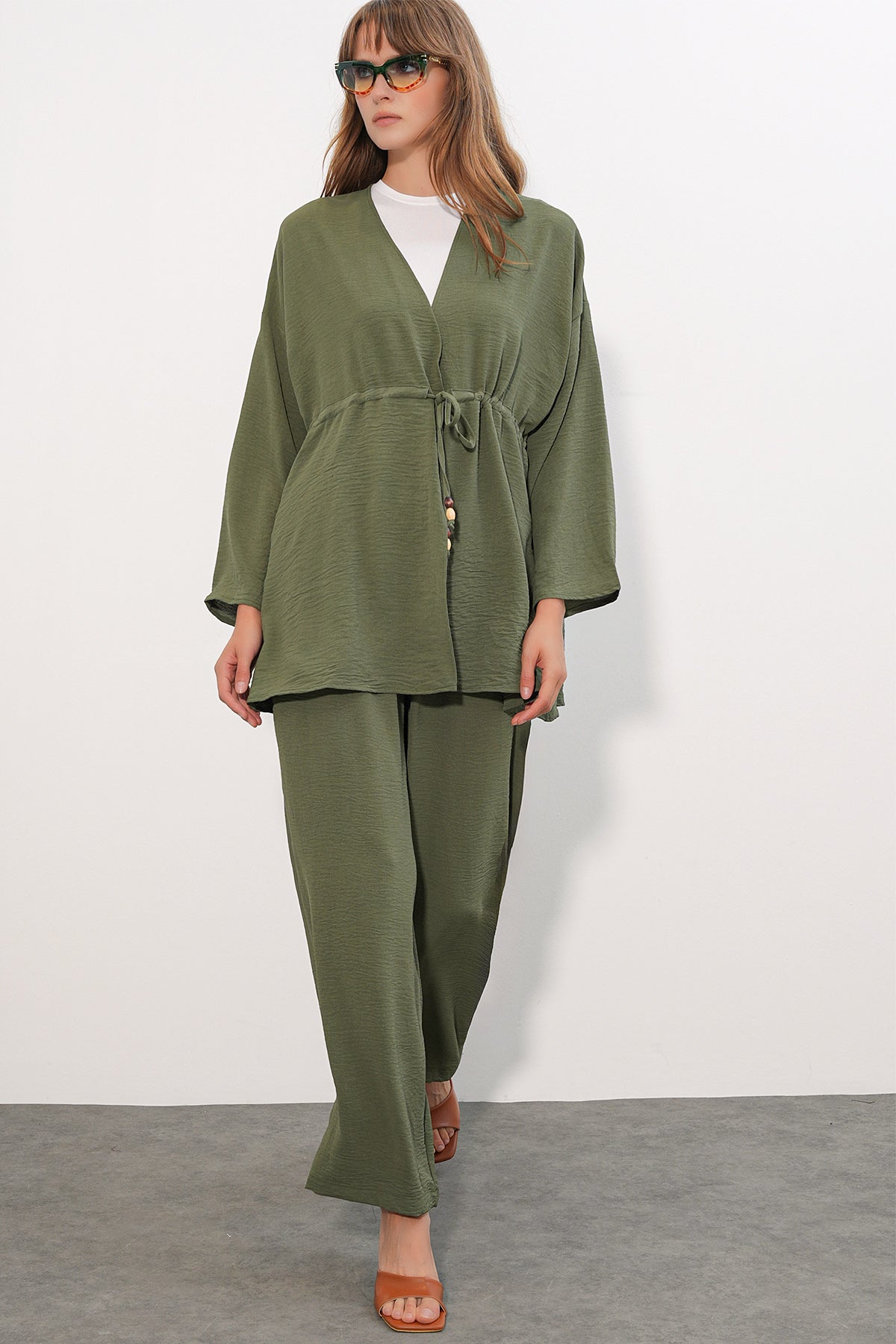 Image of Kadın Ayrobin Kimono Pantolon İkili Takım 30101 - Haki