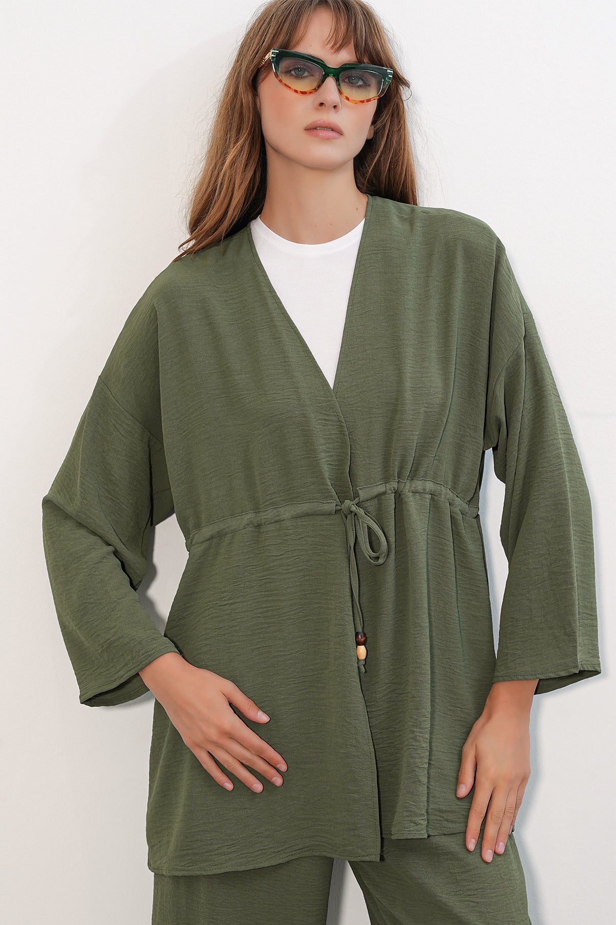 Image of Kadın Ayrobin Kimono Pantolon İkili Takım 30101 - Haki