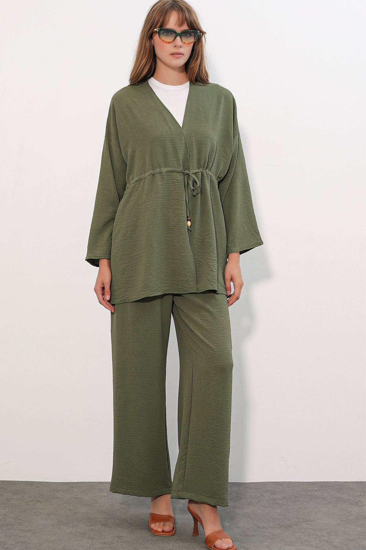 Image of Kadın Ayrobin Kimono Pantolon İkili Takım 30101 - Haki