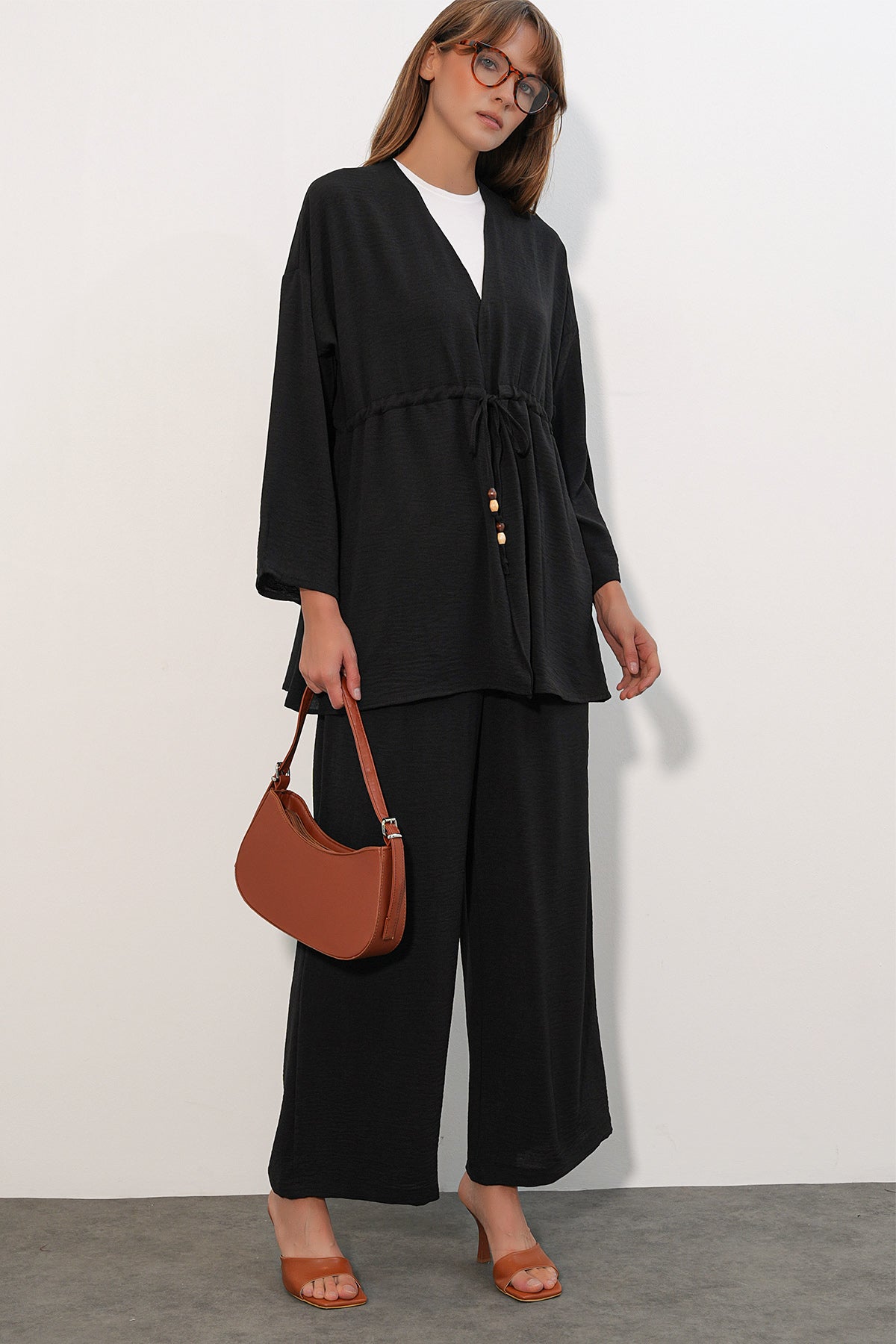 Image of Kadın Ayrobin Kimono Pantolon İkili Takım 30101 - Siyah