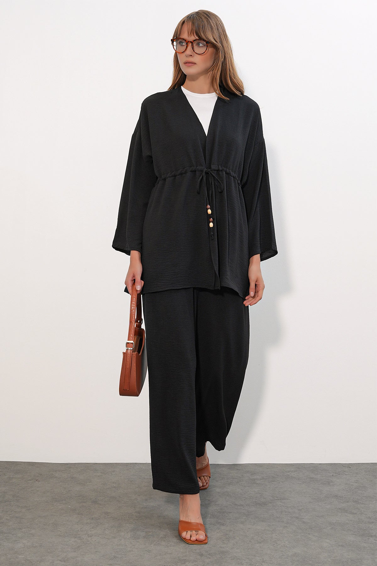 Image of Kadın Ayrobin Kimono Pantolon İkili Takım 30101 - Siyah