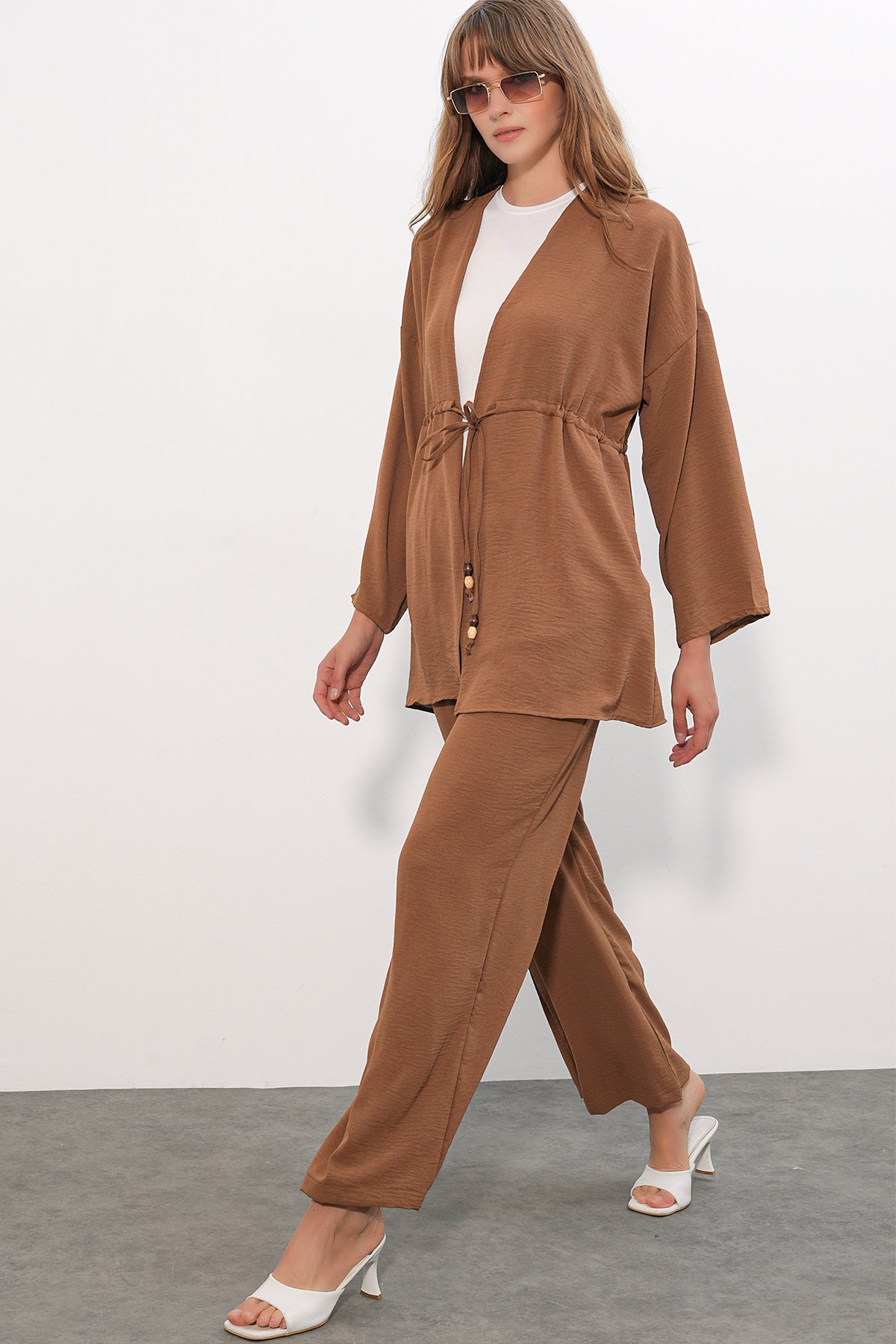 Image of Kadın Ayrobin Kimono Pantolon İkili Takım 30101 - Taba