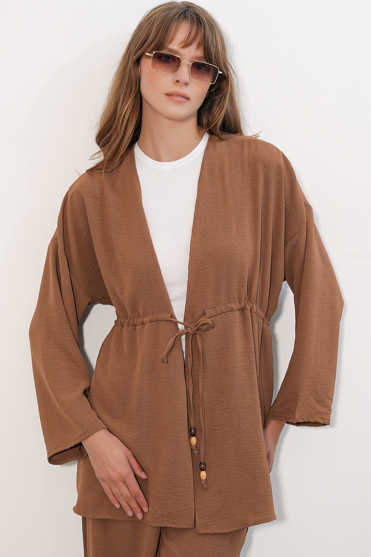 Image of Kadın Ayrobin Kimono Pantolon İkili Takım 30101 - Taba