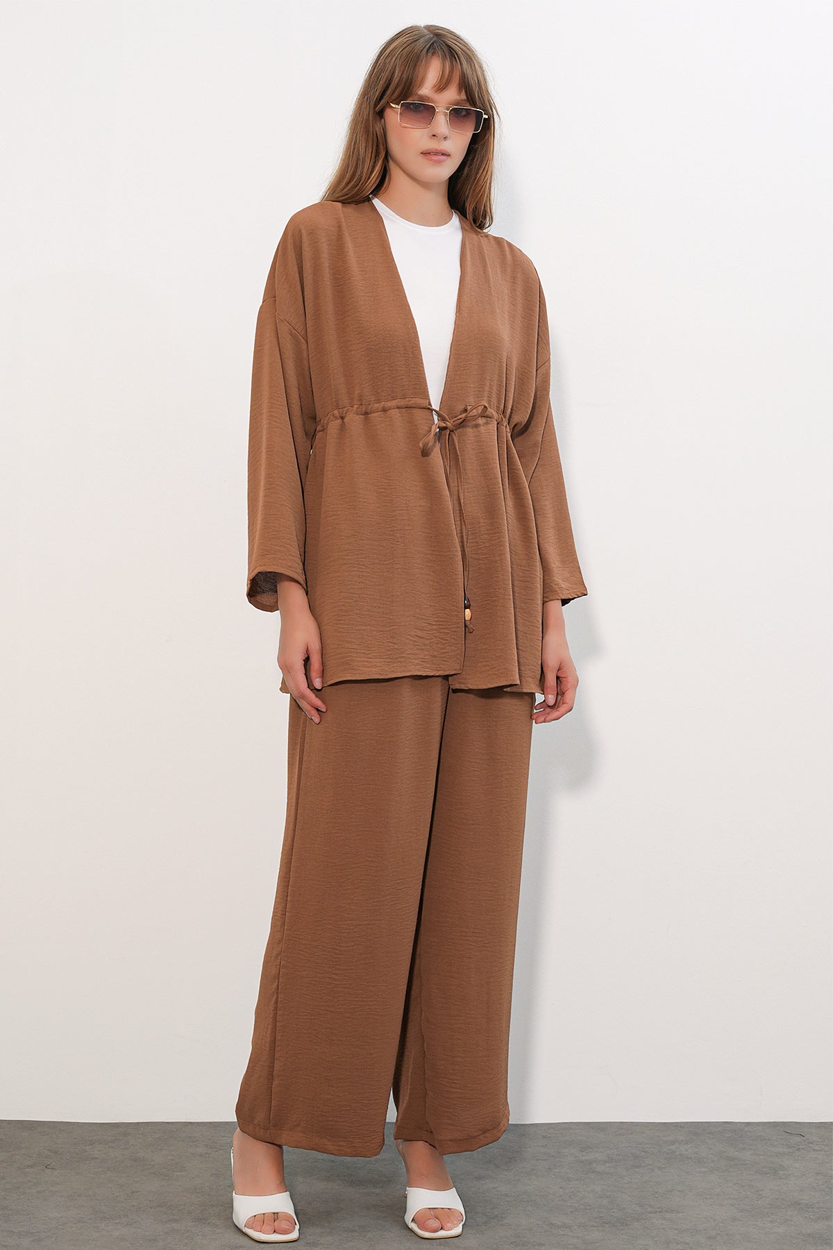 Image of Kadın Ayrobin Kimono Pantolon İkili Takım 30101 - Taba