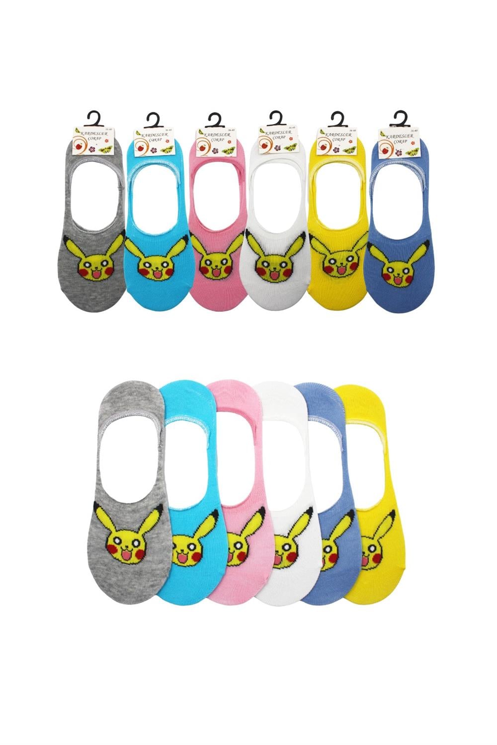 Image of Șosete colorate din bumbac pentru femei, cu design cu desene animate, călcâi invizibil antiderapant, branț din silicon, pachet de 6