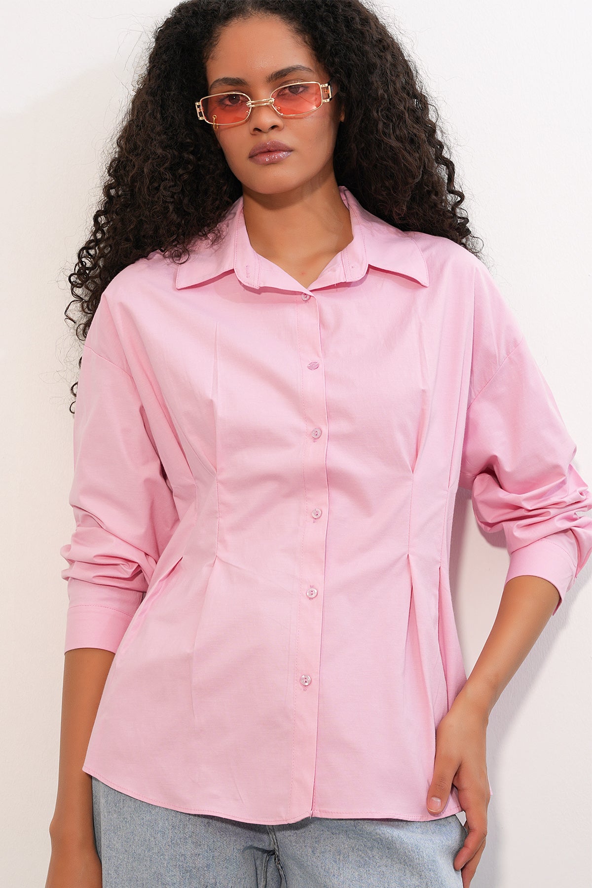 Image of Kadın Belden Oturtmalı Poplin Gömlek 20384 - Pembe
