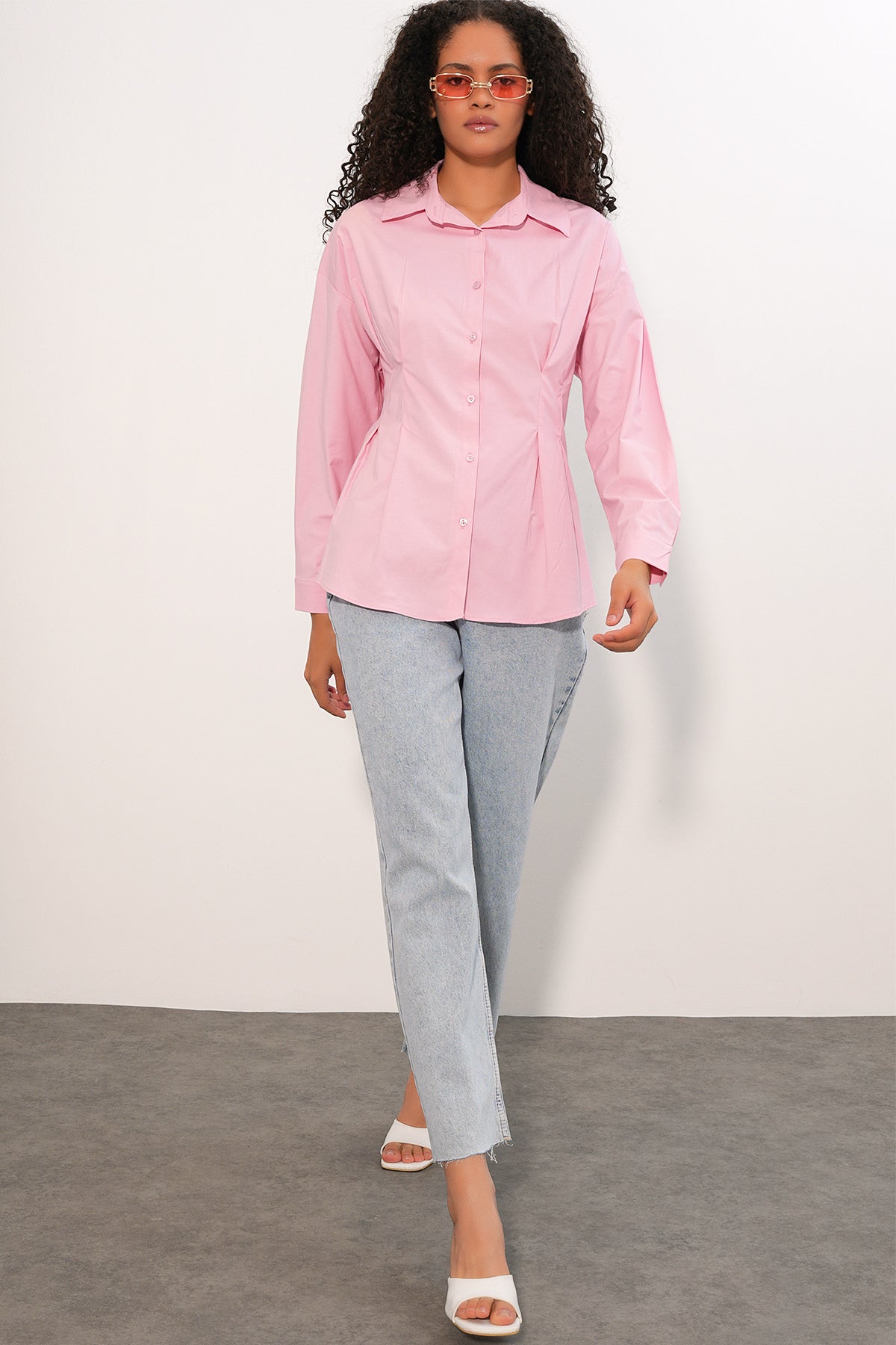 Image of Kadın Belden Oturtmalı Poplin Gömlek 20384 - Pembe