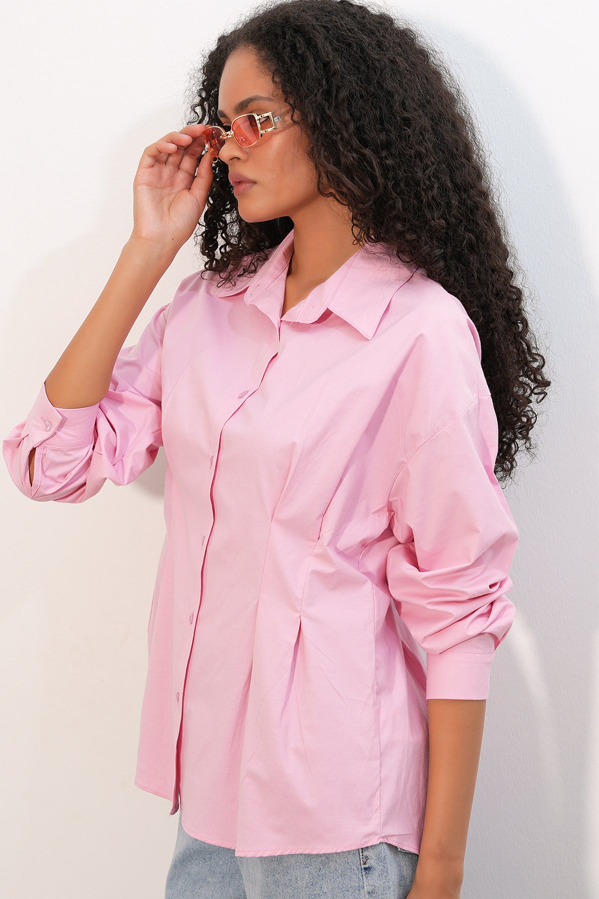 Image of Kadın Belden Oturtmalı Poplin Gömlek 20384 - Pembe