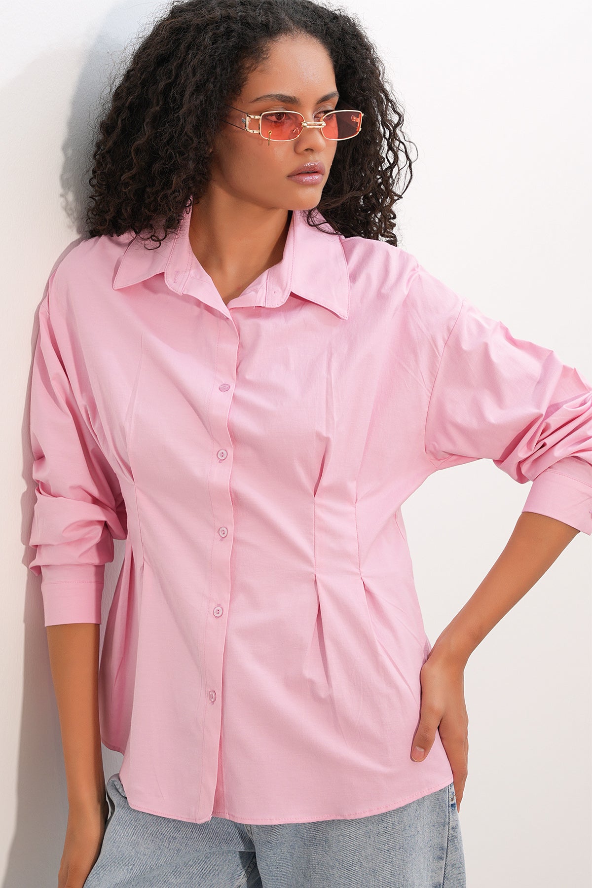 Image of Kadın Belden Oturtmalı Poplin Gömlek 20384 - Pembe