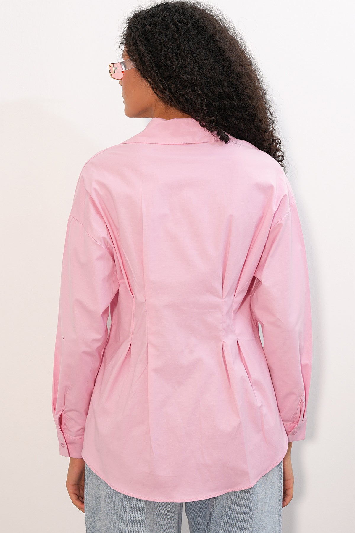 Image of Kadın Belden Oturtmalı Poplin Gömlek 20384 - Pembe