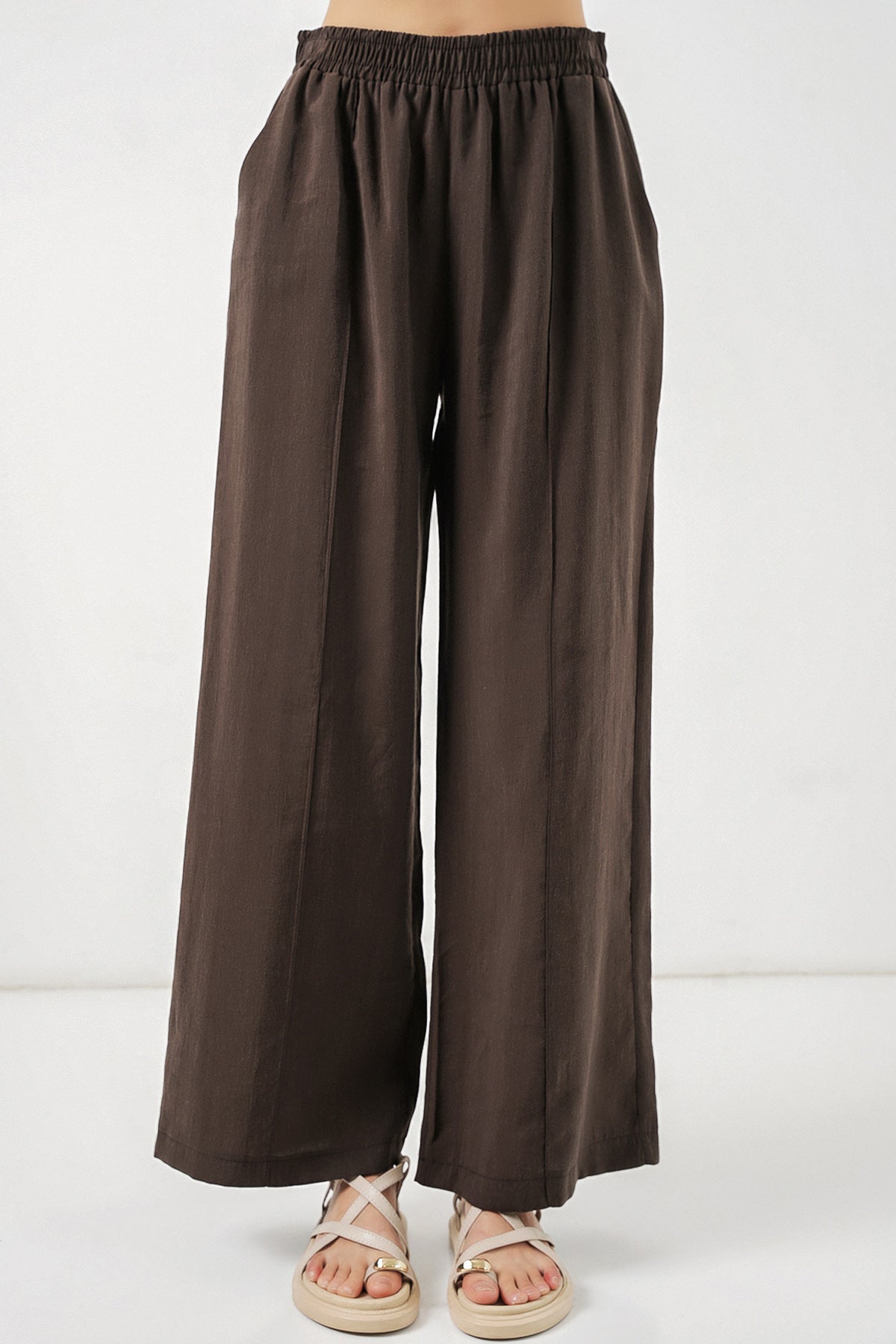 Image of Pantaloni largi pentru femei cu talie elastică 30087 - Maro închis
