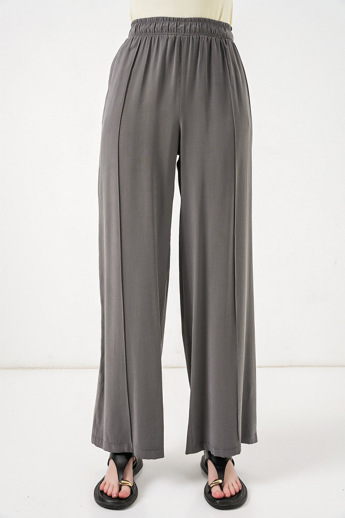 Image of Kadın Beli Lastikli Bol Paça Pantolon 30087 - Antrasit