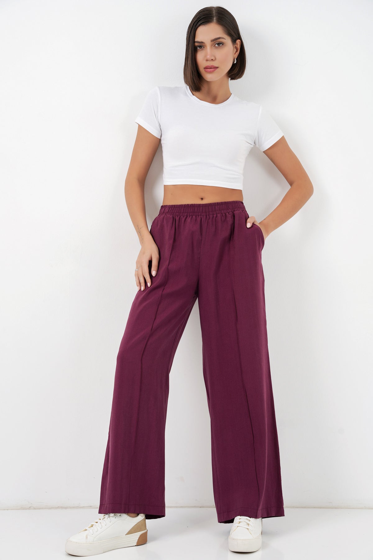 Image of Kadın Beli Lastikli Bol Paça Pantolon 30087 - Bordo