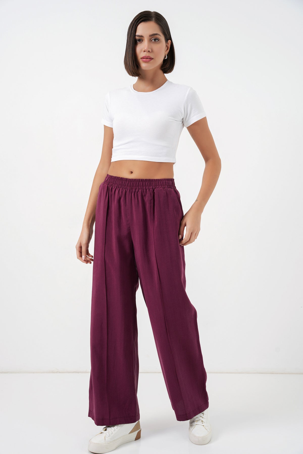 Image of Kadın Beli Lastikli Bol Paça Pantolon 30087 - Bordo