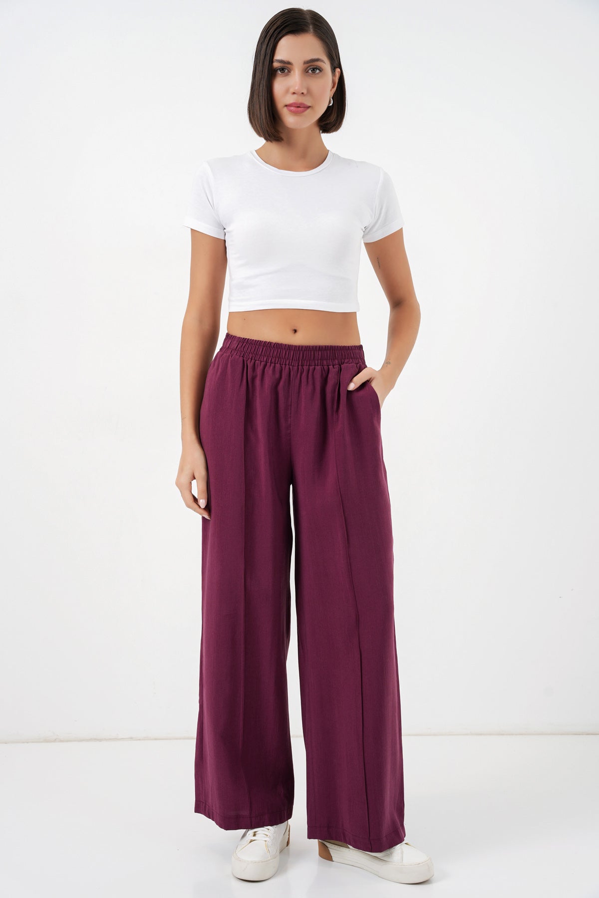 Image of Kadın Beli Lastikli Bol Paça Pantolon 30087 - Bordo