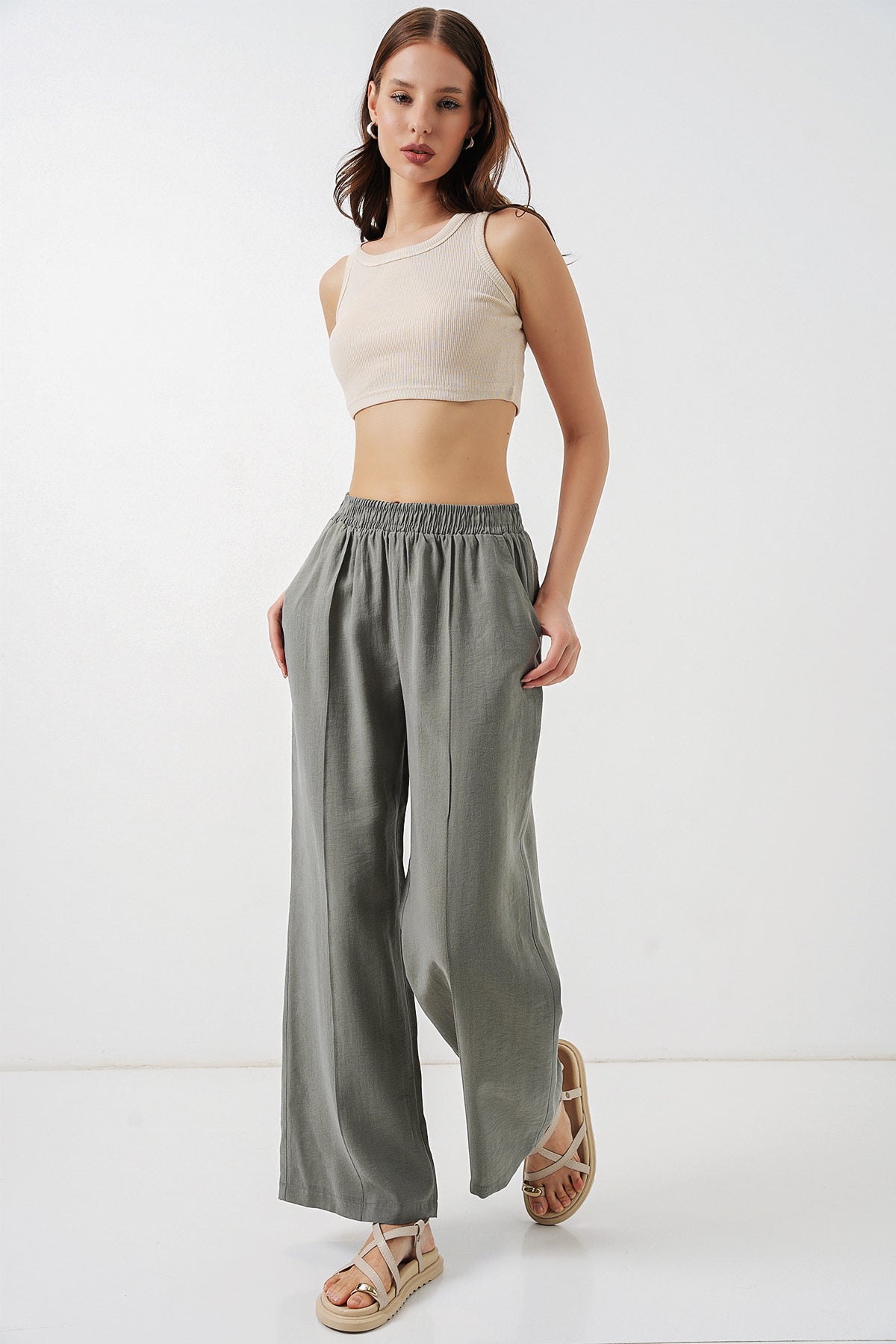 Image of Kadın Beli Lastikli Bol Paça Pantolon 30087 - Gri