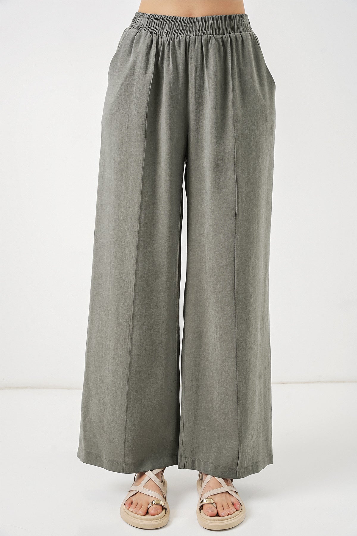 Image of Kadın Beli Lastikli Bol Paça Pantolon 30087 - Gri
