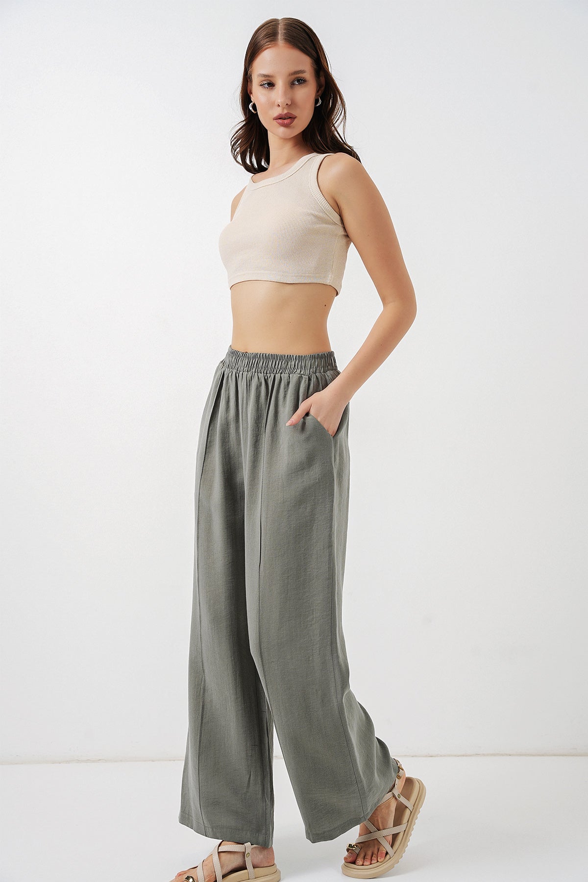 Image of Kadın Beli Lastikli Bol Paça Pantolon 30087 - Gri