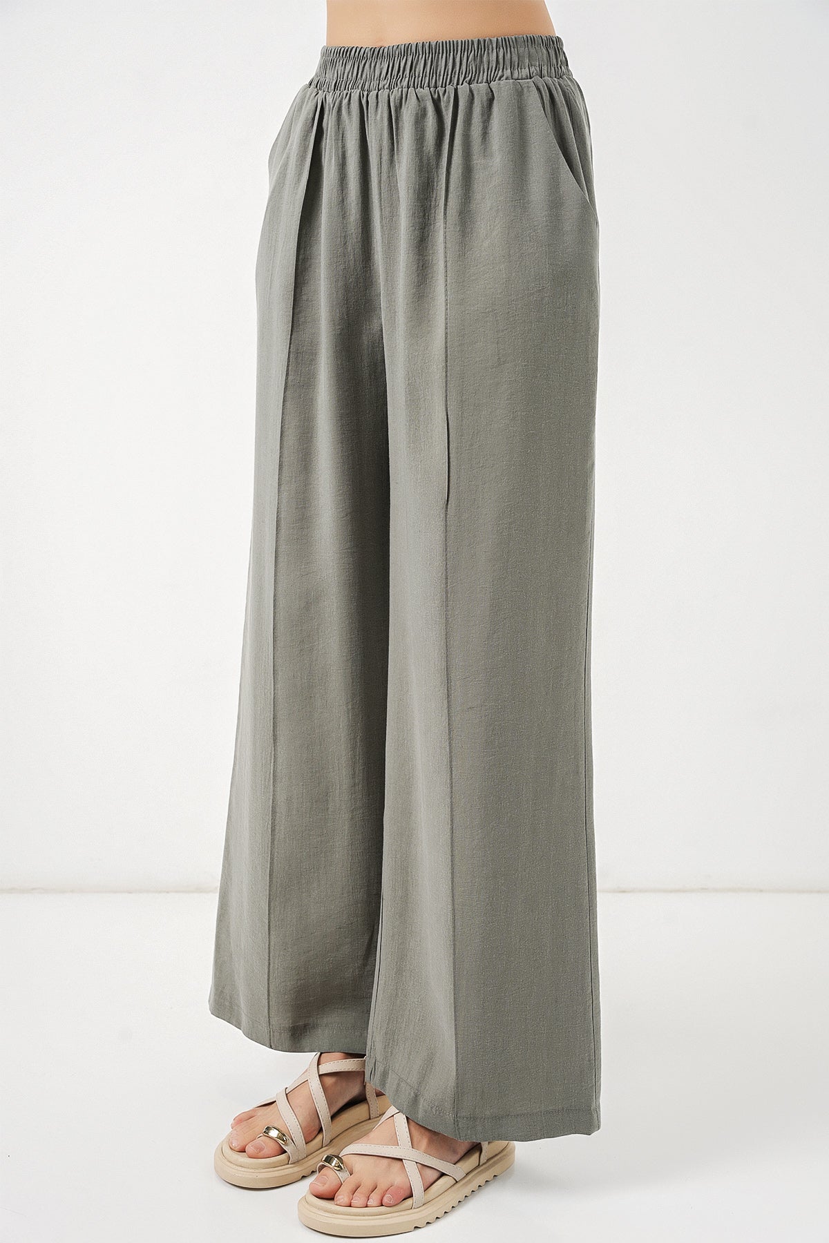 Image of Kadın Beli Lastikli Bol Paça Pantolon 30087 - Gri