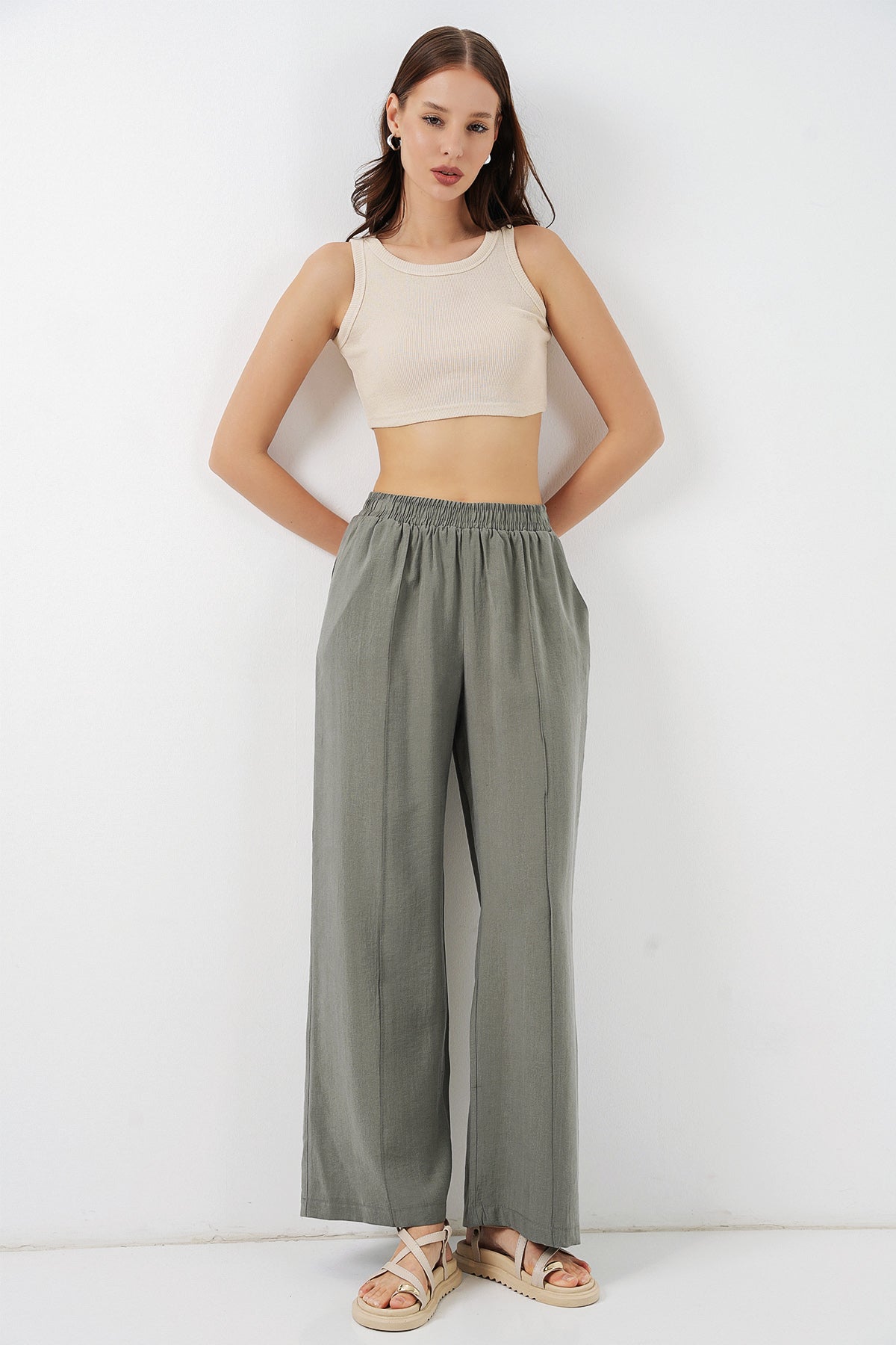 Image of Kadın Beli Lastikli Bol Paça Pantolon 30087 - Gri