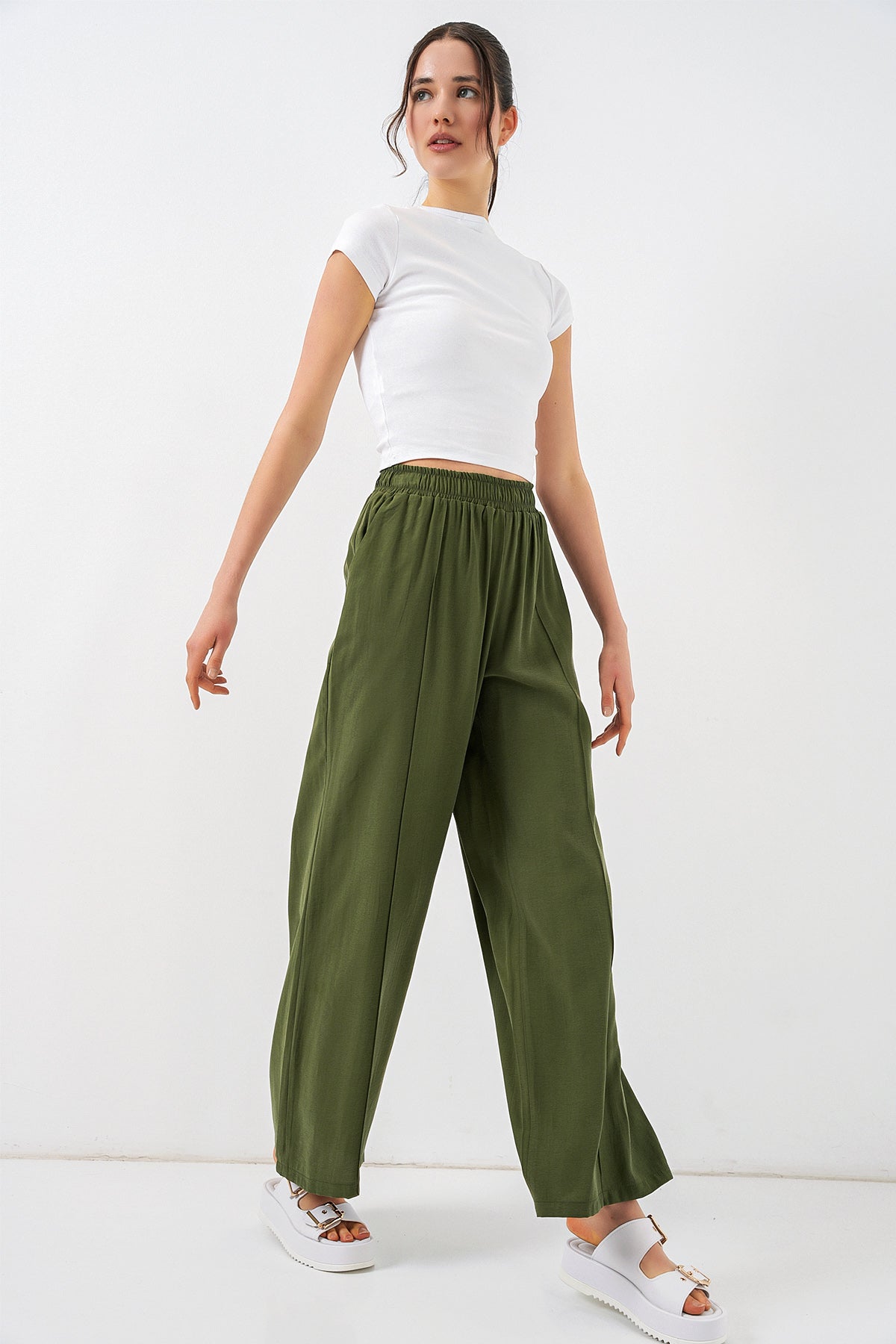Image of Kadın Beli Lastikli Bol Paça Pantolon 30087 - Haki