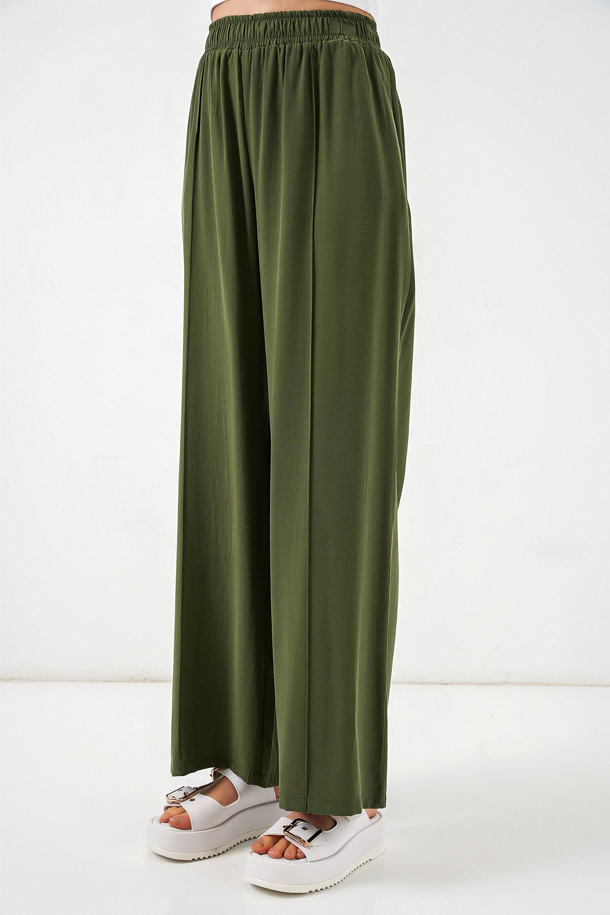 Image of Kadın Beli Lastikli Bol Paça Pantolon 30087 - Haki