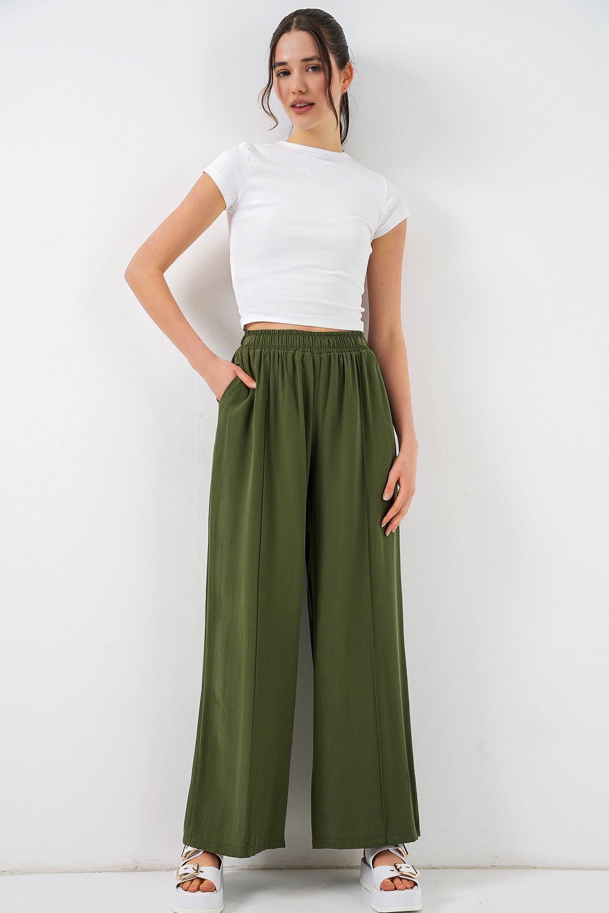 Image of Kadın Beli Lastikli Bol Paça Pantolon 30087 - Haki