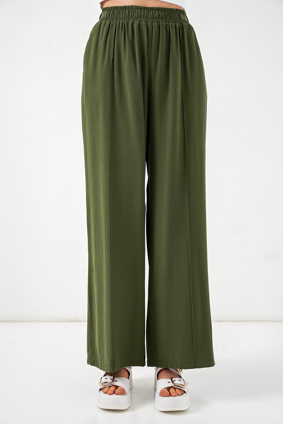 Image of Kadın Beli Lastikli Bol Paça Pantolon 30087 - Haki
