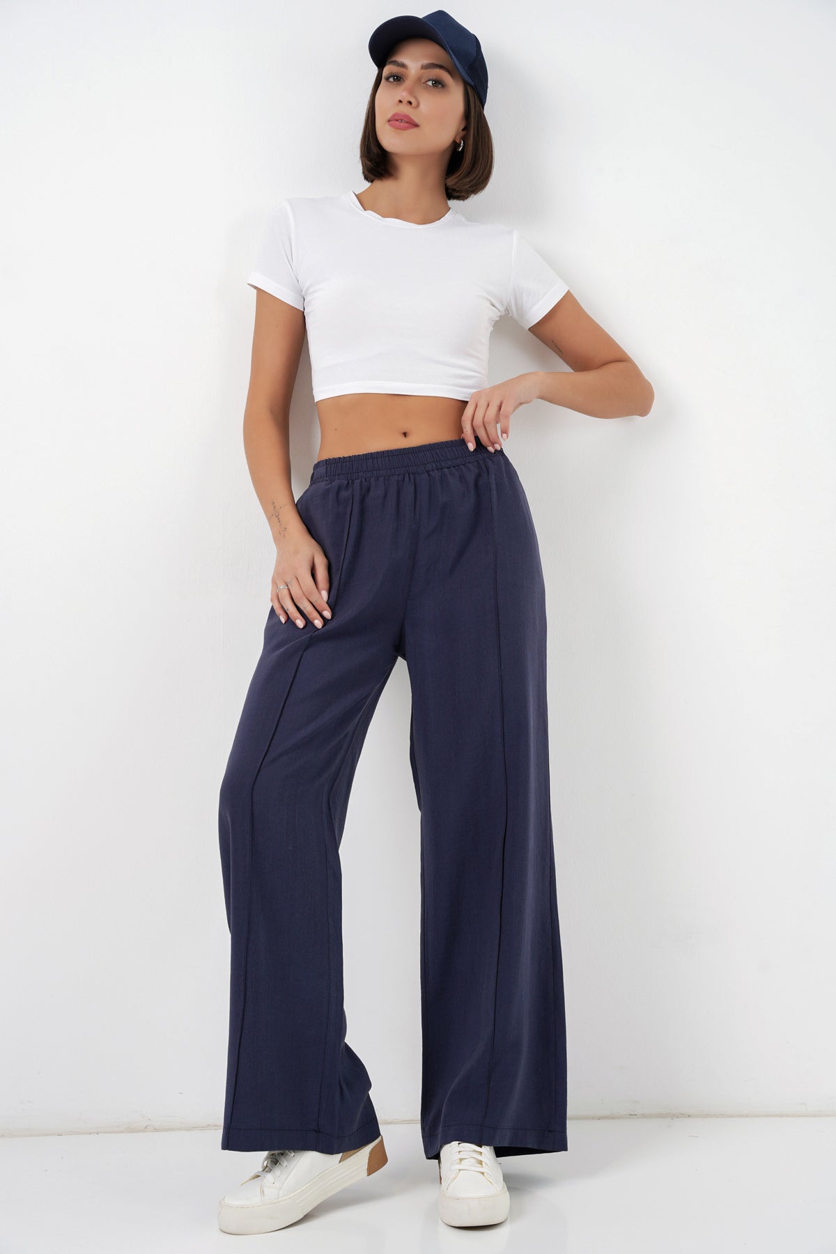 Image of Pantaloni largi pentru femei cu talie elastică 30087 - Bleumarin