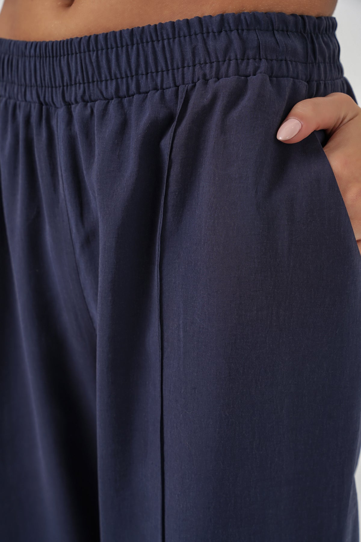 Image of Pantaloni largi pentru femei cu talie elastică 30087 - Bleumarin
