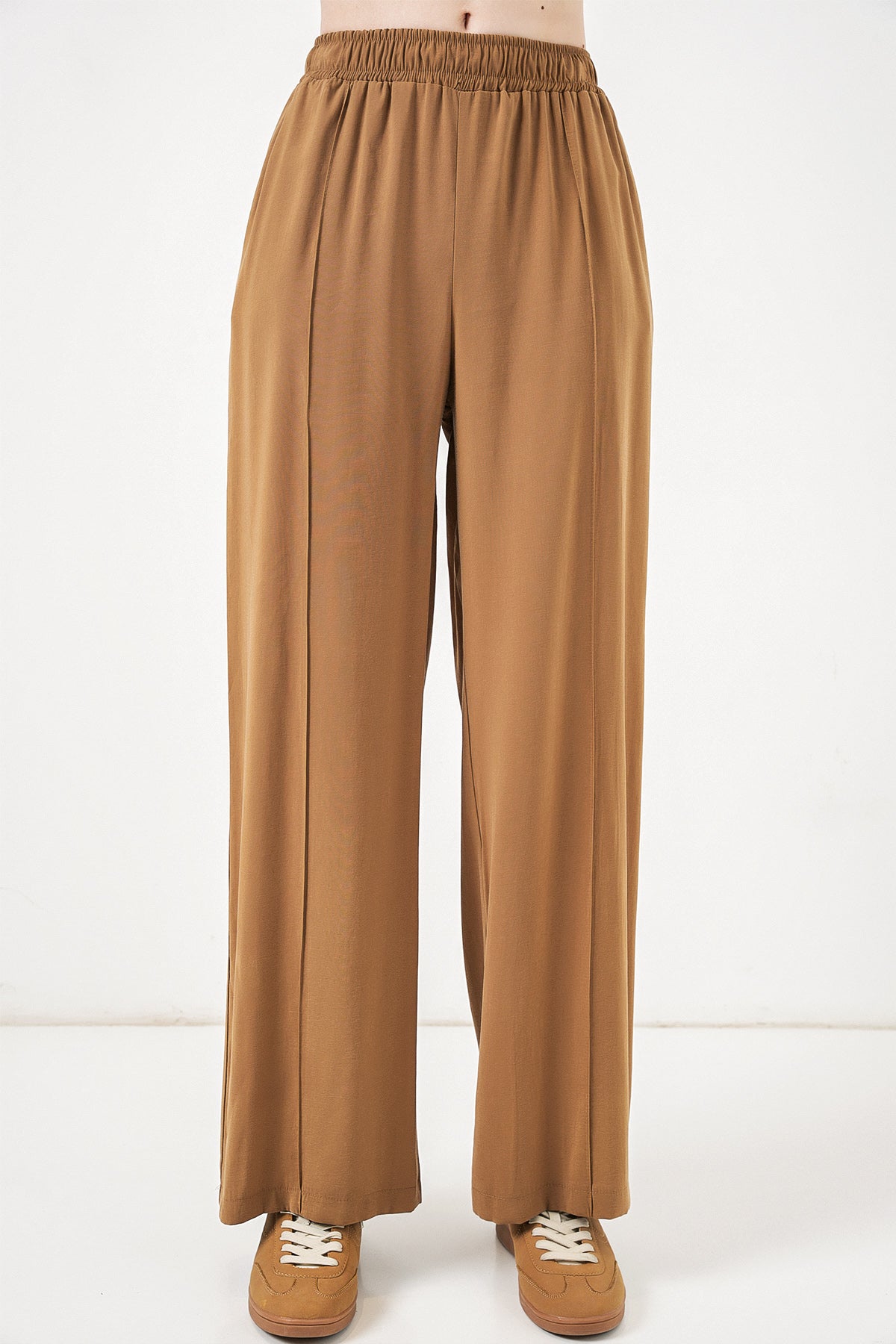 Image of Kadın Beli Lastikli Bol Paça Pantolon 30087 - Taba
