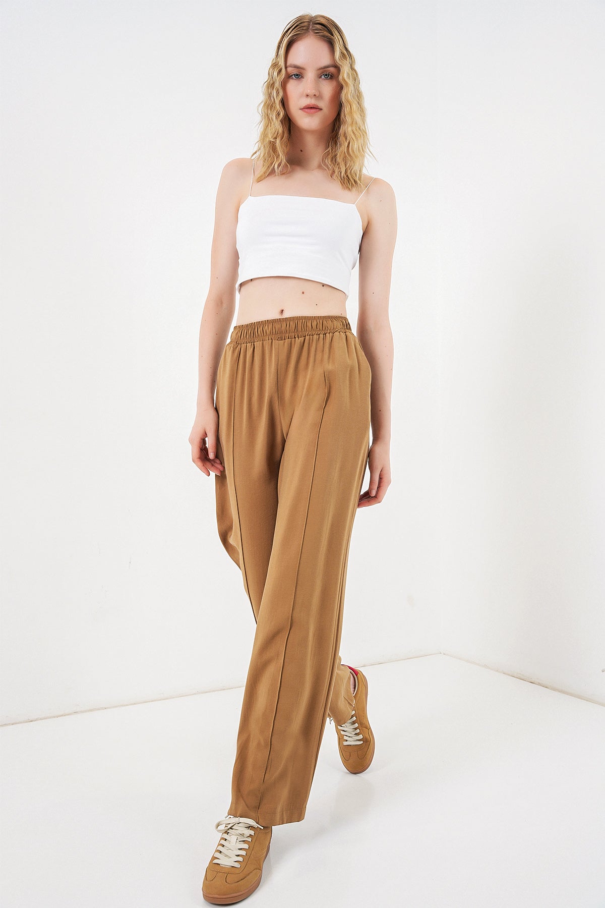 Image of Kadın Beli Lastikli Bol Paça Pantolon 30087 - Taba