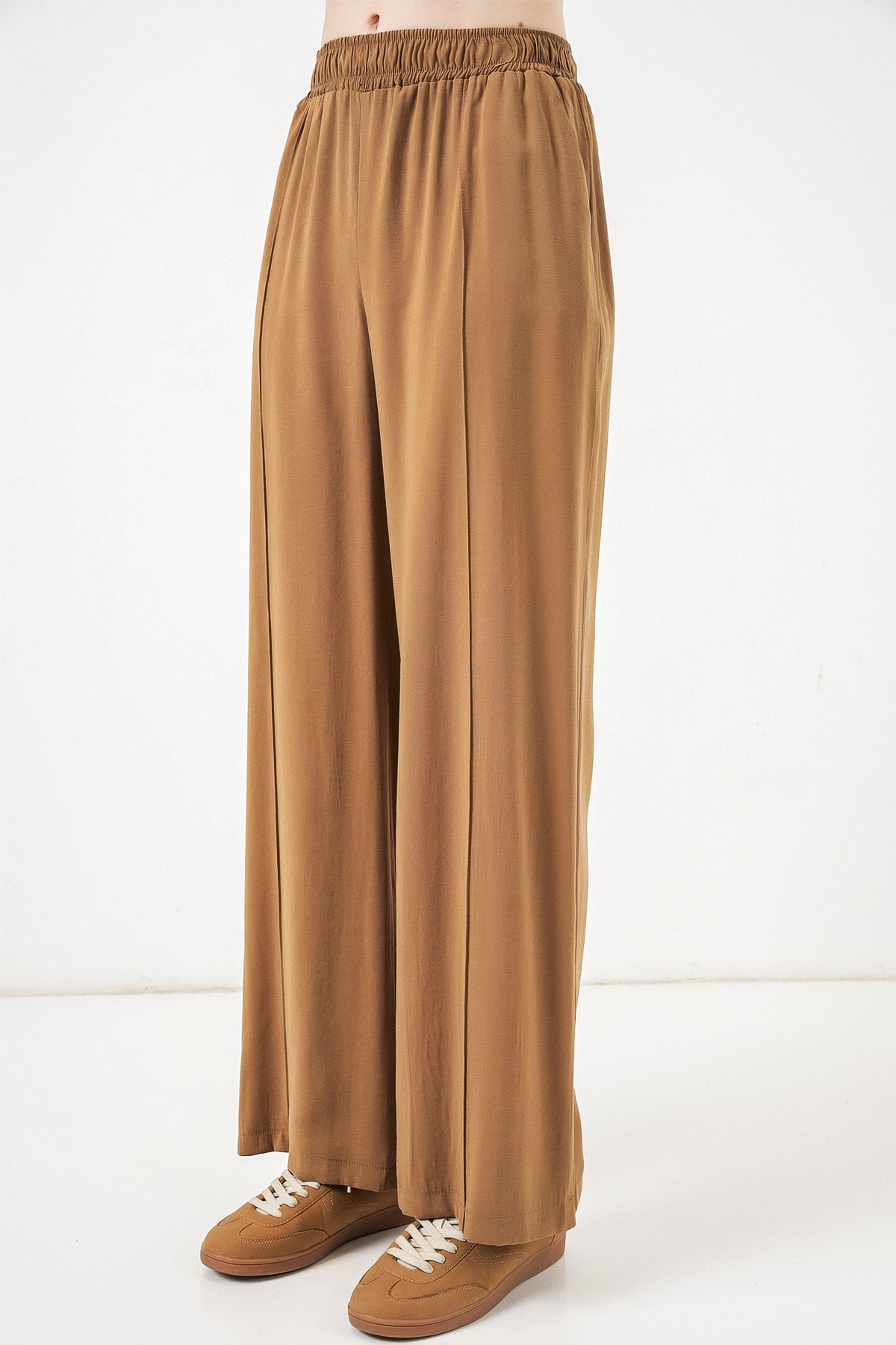 Image of Kadın Beli Lastikli Bol Paça Pantolon 30087 - Taba