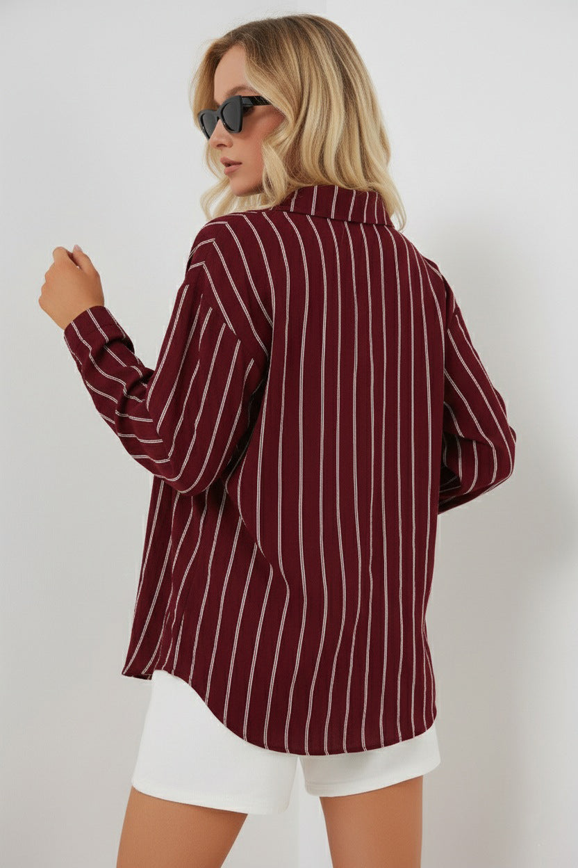 Image of Kadın Çizgili Oversize Gömlek 20293 - Bordo