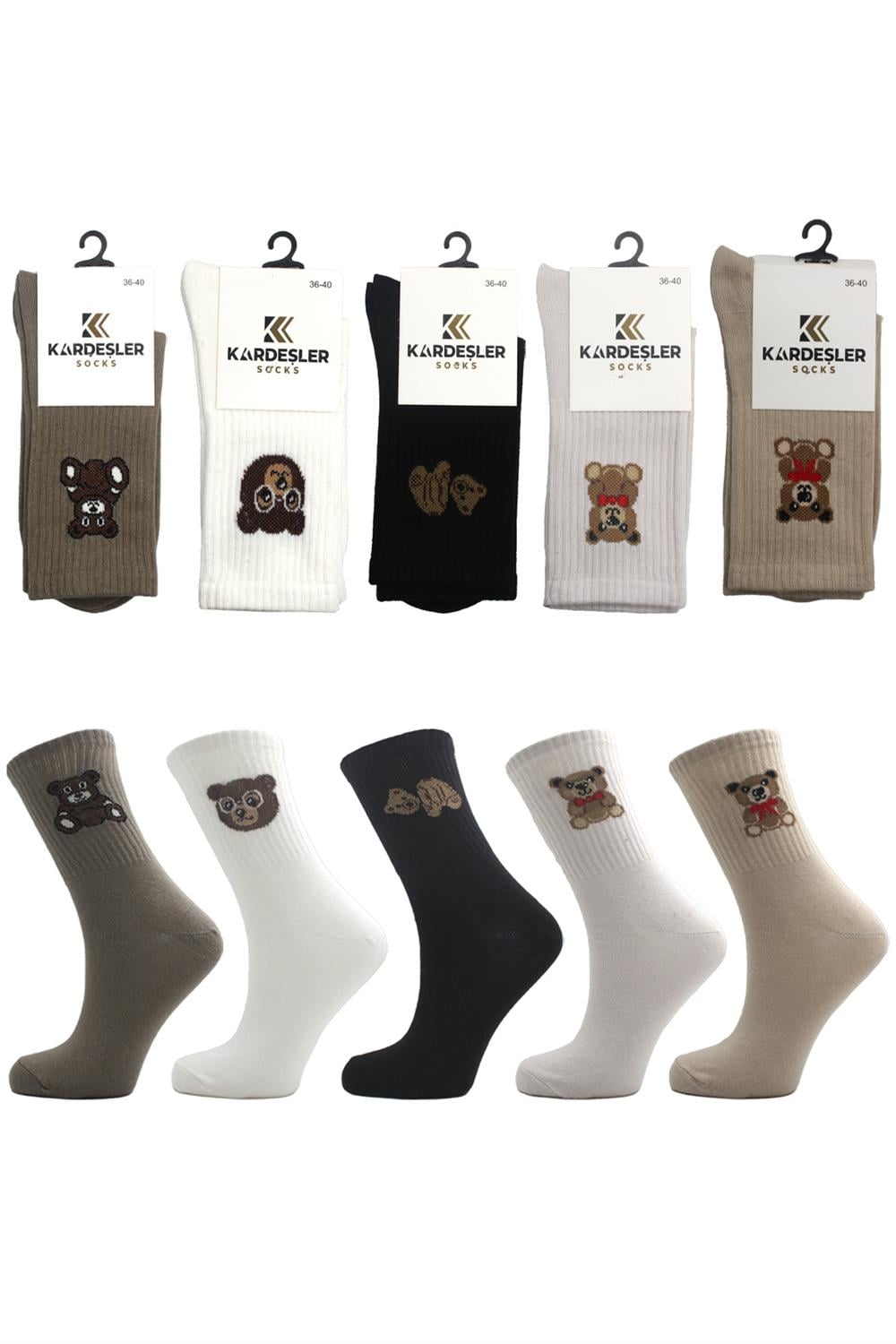 Image of Women's Colorful Bear Pattern Cotton Ankle Socks, 5-Pack