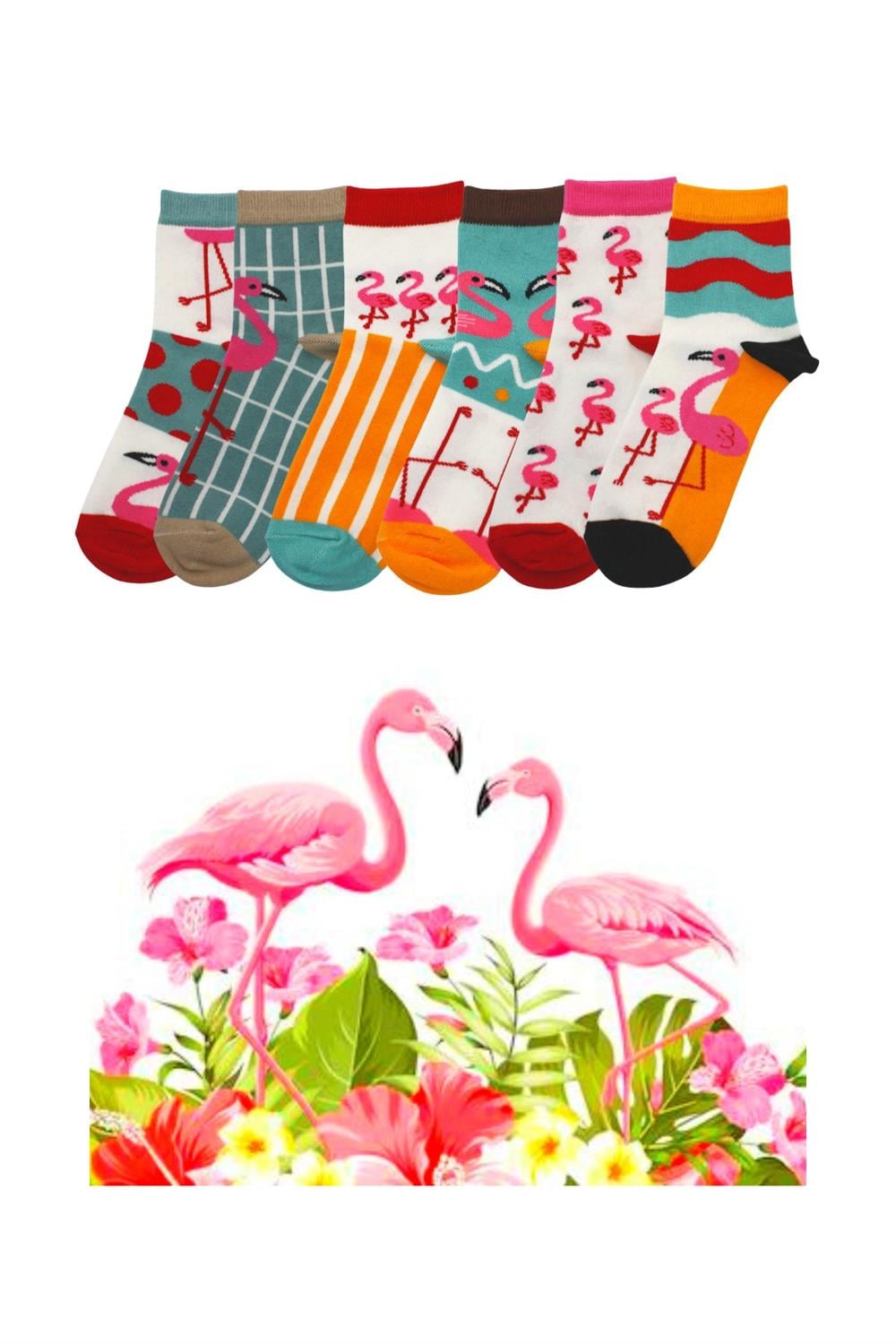 Image of Kadın Çok Renkli Yarım Konç Flamingo Desenli Pamuklu Çorap 6'Lı Paket
